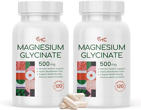 Magnesium Glycinate 500mg Supplement Capsules, High Absorption- Gentle Form,Highly Purified Magnesium Mineral Supplements for Women & Men, Made in USA 2 Bottles