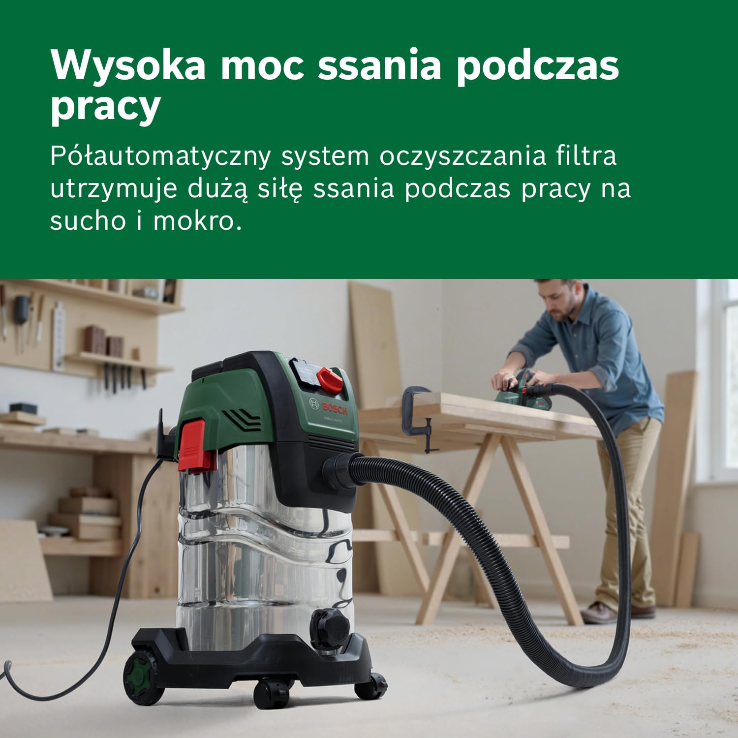 Bosch Odkurzacz do pracy na sucho i mokro PAS30-240PRS (rury, wąż 2,2 m, uchwyt/kolanko, dysza do podłóg i dysza do fug, worek włókninowy, filtr płaski fałdowany (HEPA), UniversalAdapter, pilot)
