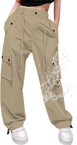 Cromoncent Womens High Waist Parachute Pants Y2K Cargo Trousers with Pockets, Kh