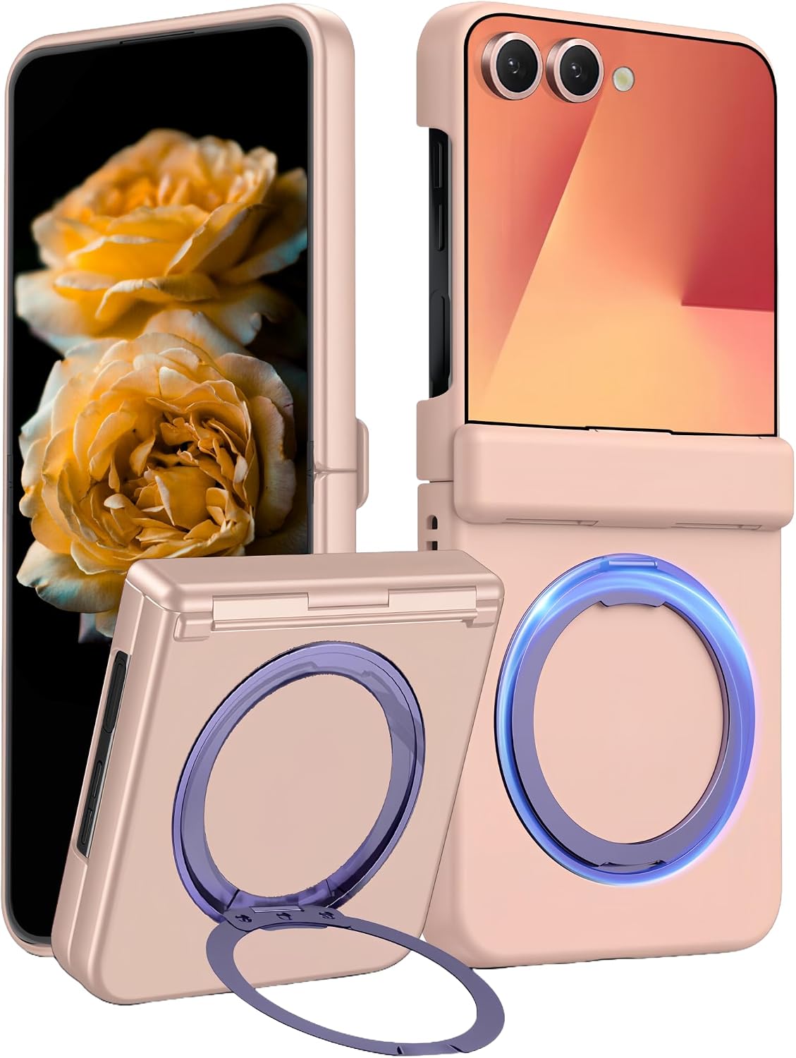 Compatible with Samsung Galaxy Z Flip 7 Etui z Podstawką Pierścieniową, Ochroną Zawiasu, Osłoną Ekranu, Ładowanie Bezprzewodowe Wstrząsoodporne Wytrzymała Osłona - Różowy