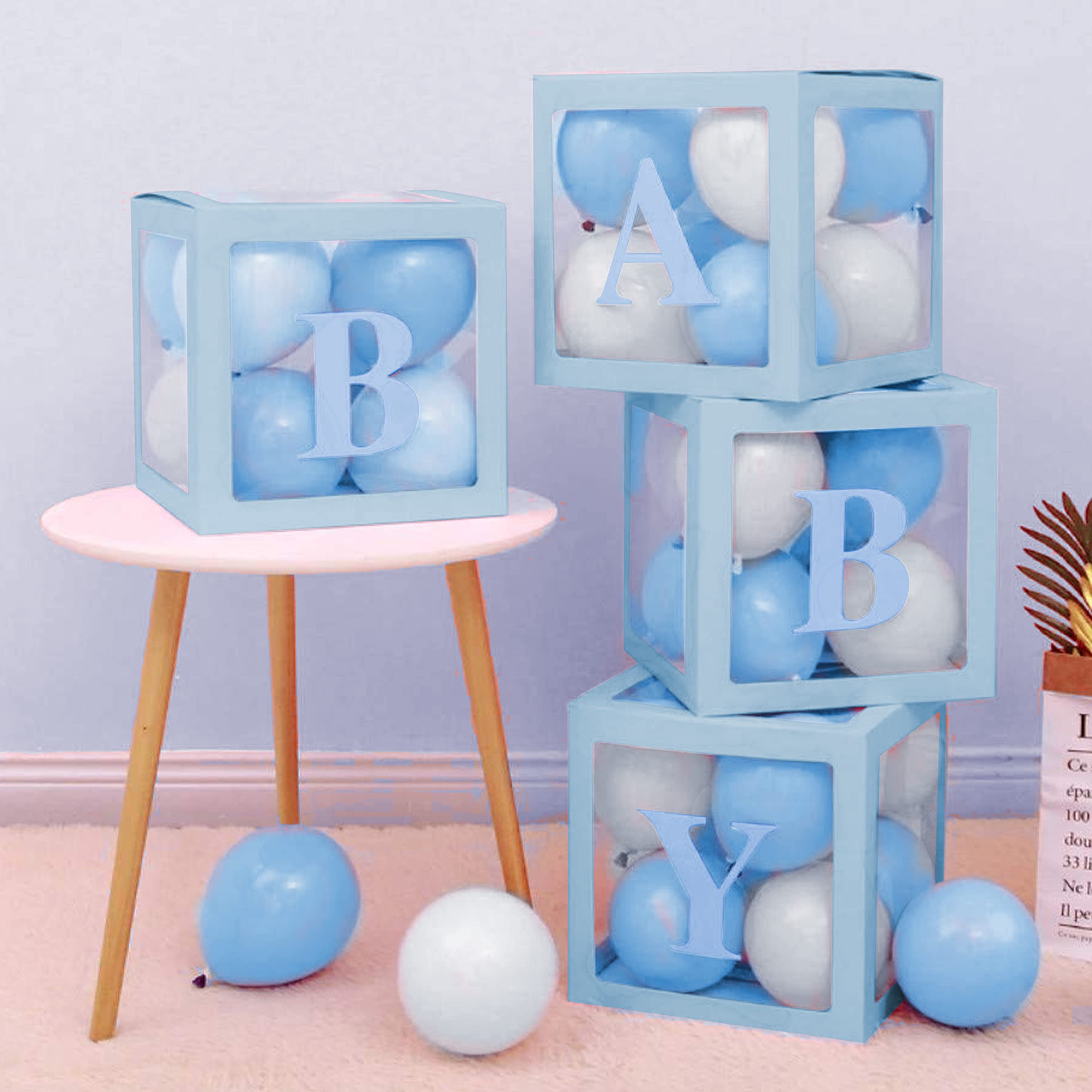 ITAF 4 Pcs Baby Letter Balloon Box/Blue Surprise Box/Transparent Box with 30 White & 30 Blue Pastel Balloons For Baby Shower Decoration/Welcome New Born Baby Decoration Box/1st First Birthday Party