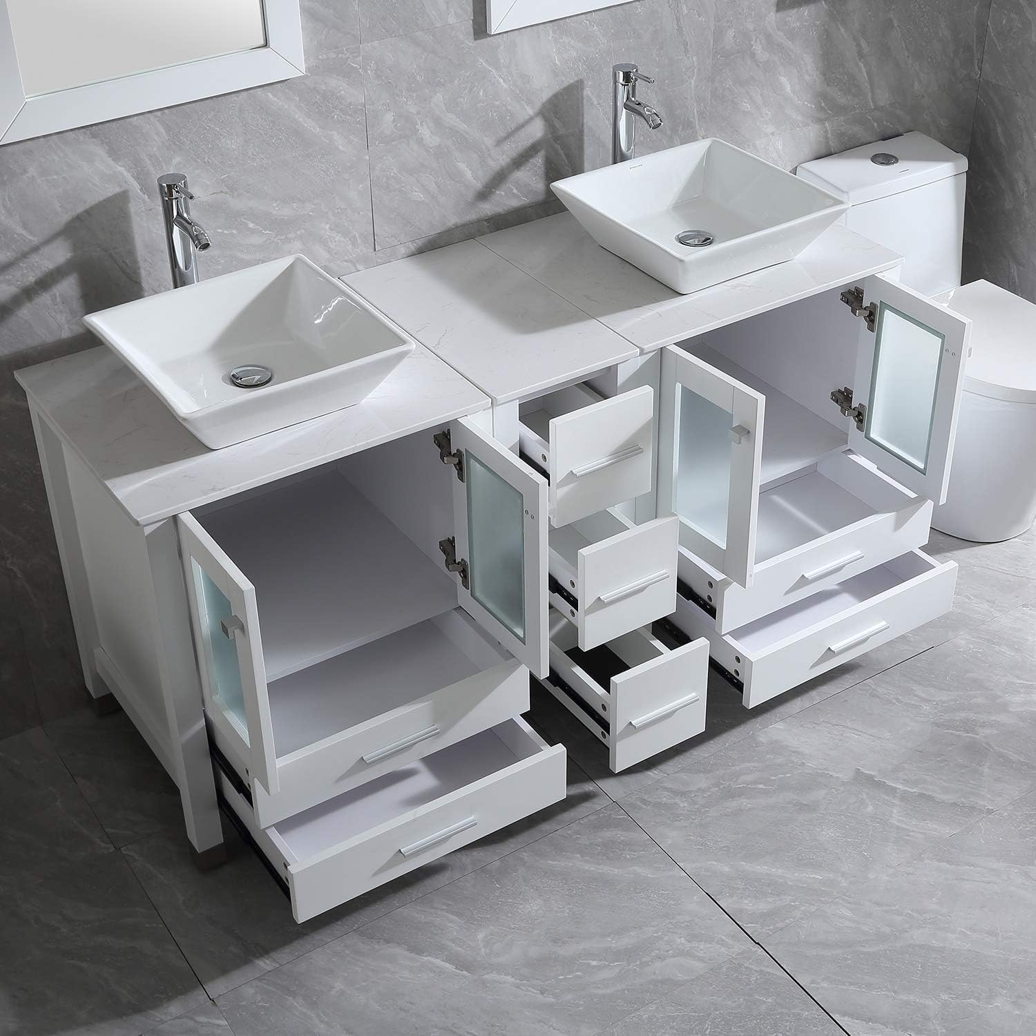 Close-up view of the wonline 60 inch Double Sink Bathroom Vanity showing the open drawers and cabinet interiors.