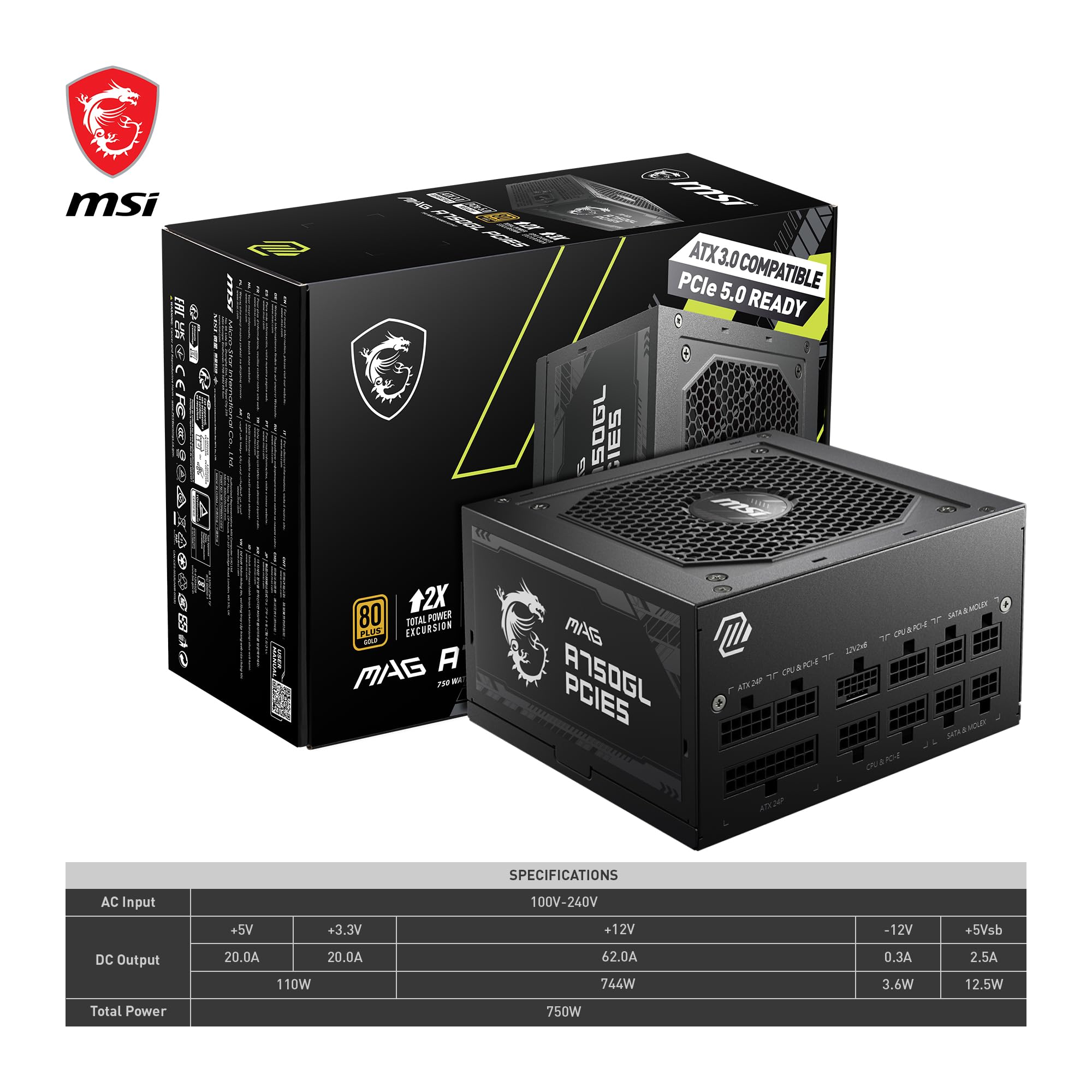 MSI MAG A750GL PCIE5 750W 80 Plus Gold Fully Modular ATX 3.0 Power Supply