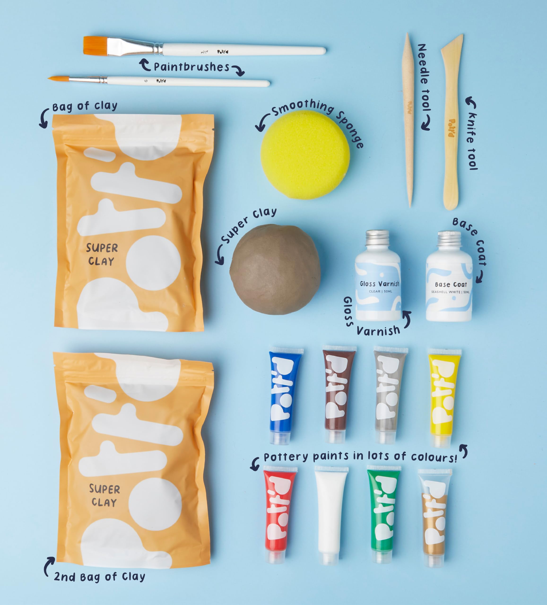 Pott'd Mini kits de cerámica | Kit de cerámica de arcilla seca al aire para adultos | Incluye pinturas, pinceles y herramientas de alfarería | Tutorial paso a paso en línea gratuito | Perfecto para