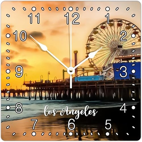 Reloj decorativo de pared cuadrado de madera paisaje urbano de los Estados Unidos Los Ángeles reloj de números arábigos silencioso sin tictac