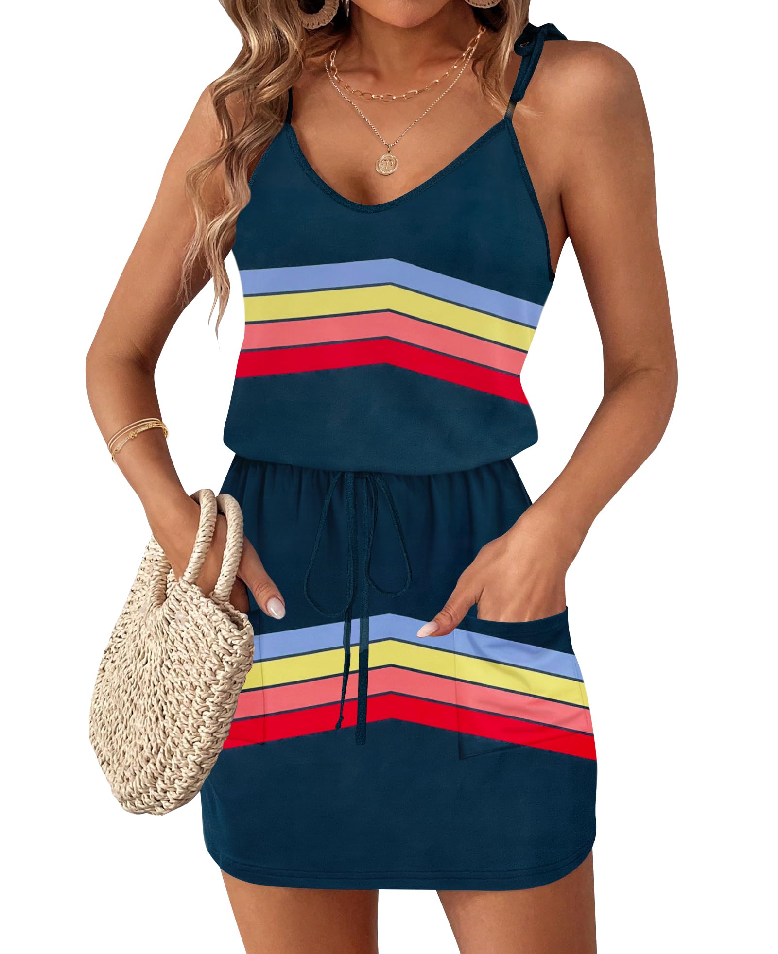 WNEEDU Womens Summer Dresses Sleeveless Spaghetti Strap Beach Cover up Drawstring Waist Mini Short Dress with Pockets