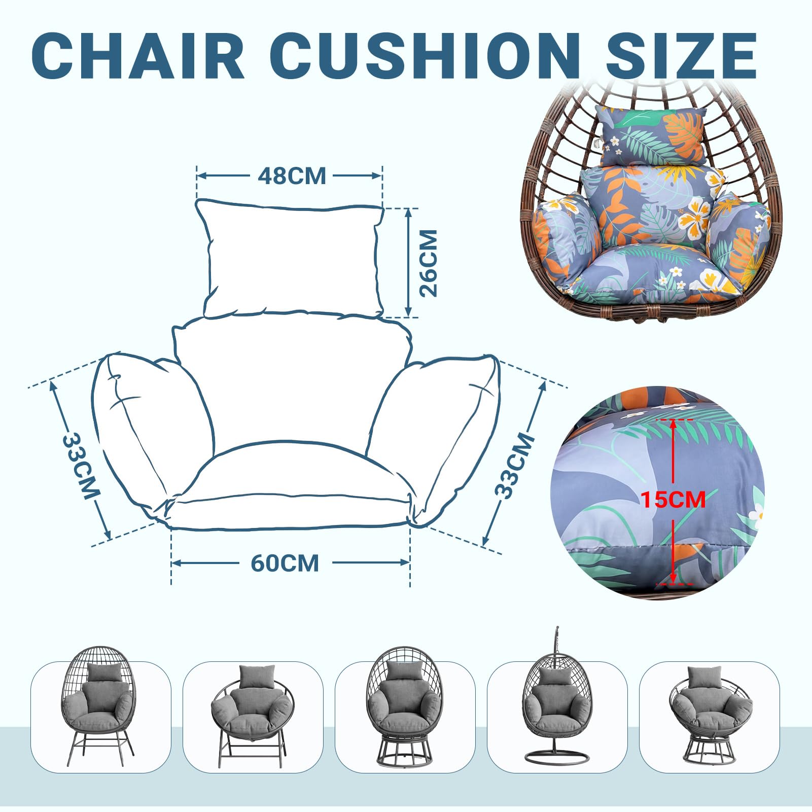 Awoyep Coussin de rechange pour balancelle : coussins de chaise suspendus imperméables et épais en osier pour intérieur ou extérieur avec coussin d'appui-tête (Flowers2)