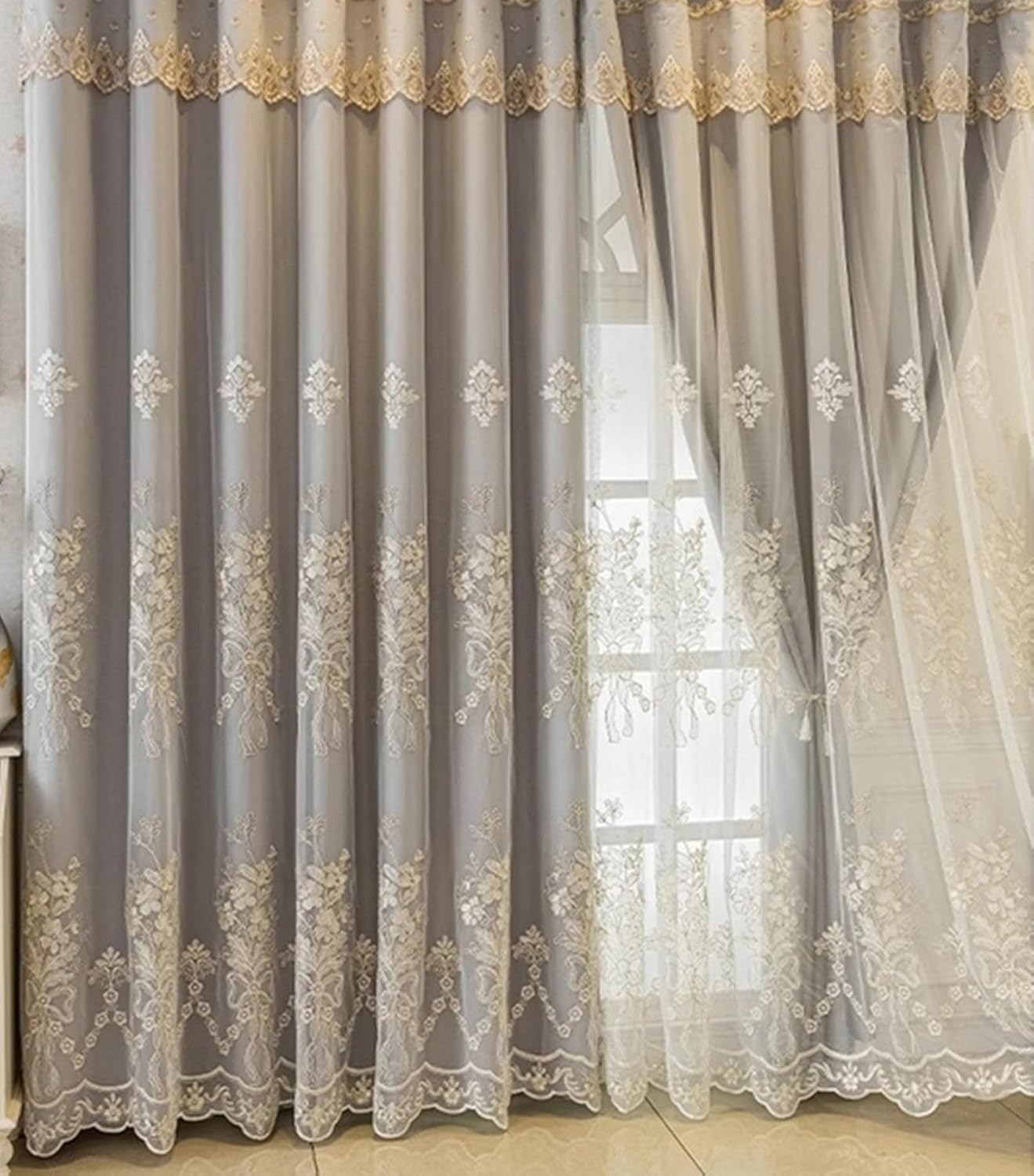 Blackout Thermal Curtains 2 Panels Set 72 inch Long, Window Blackout Curtains Hook Double Layer Embroidered Flowers Bowknot Drapes Curtain Window Treatment Grey, 40 x 72 Inch