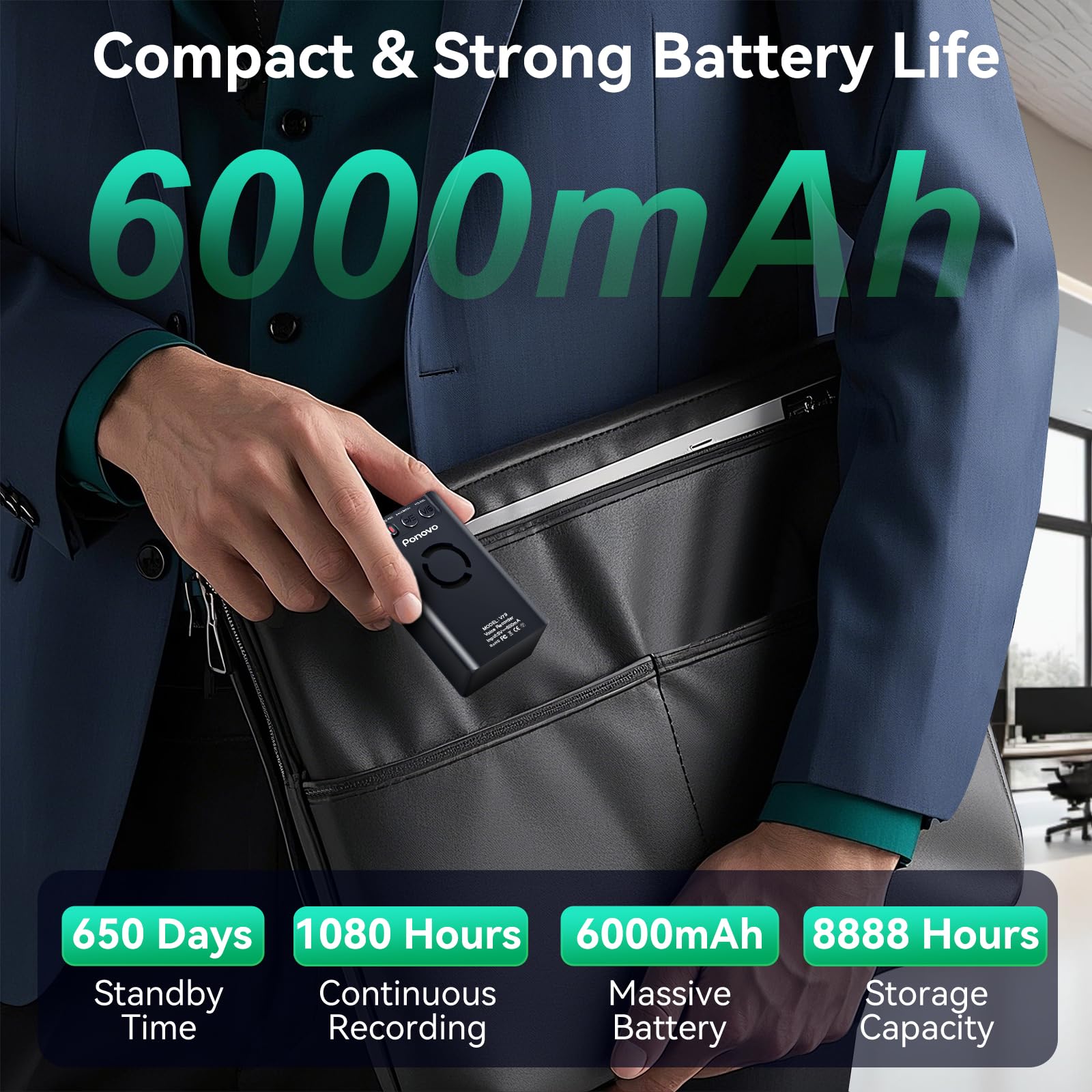 Registratore vocale magnetico da 64 GB 45 giorni Registrazione continua, Ponovo attivazione vocale registratore digitale con clip, 6000 mAh intelligente riduzione del rumore registratori portatili con
