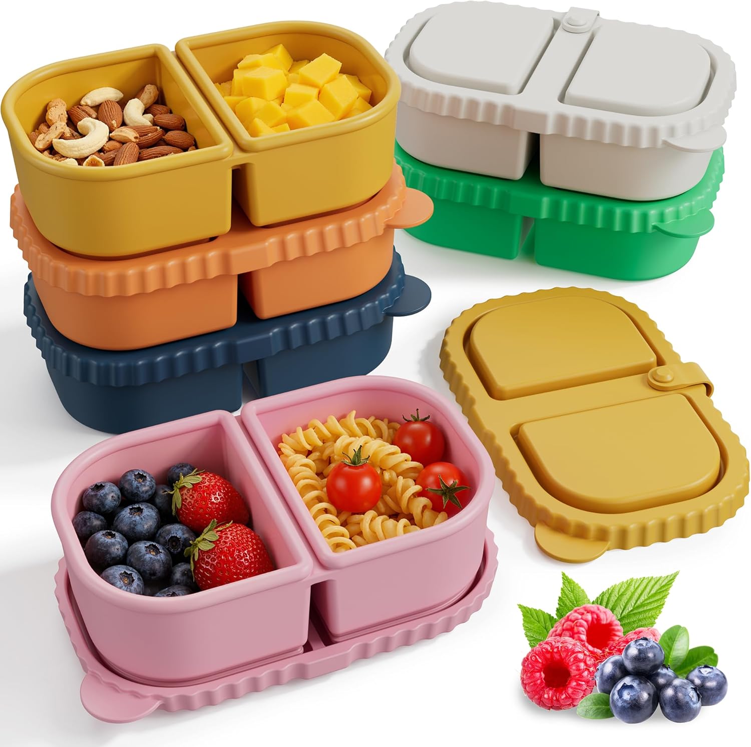 6 Pack Reusable Silicone Snack Containers with Lids, 8.5oz 2 Compartment Snackle Box Containers, Ideal Portable Small Snack Pack Containers for School, Office and Picnic (6) 6 Pack (Blue, Pink, Yellow, Orange, Green, White)