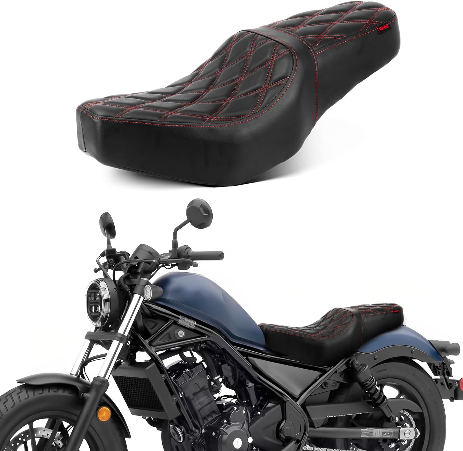 Low-Profile One-Piece Driver and Passenger Seat with Diamond Pattern Stitching for Honda Rebel CMX 300 CMX 500 2017 2018 2019 2020 2021 2022 2023