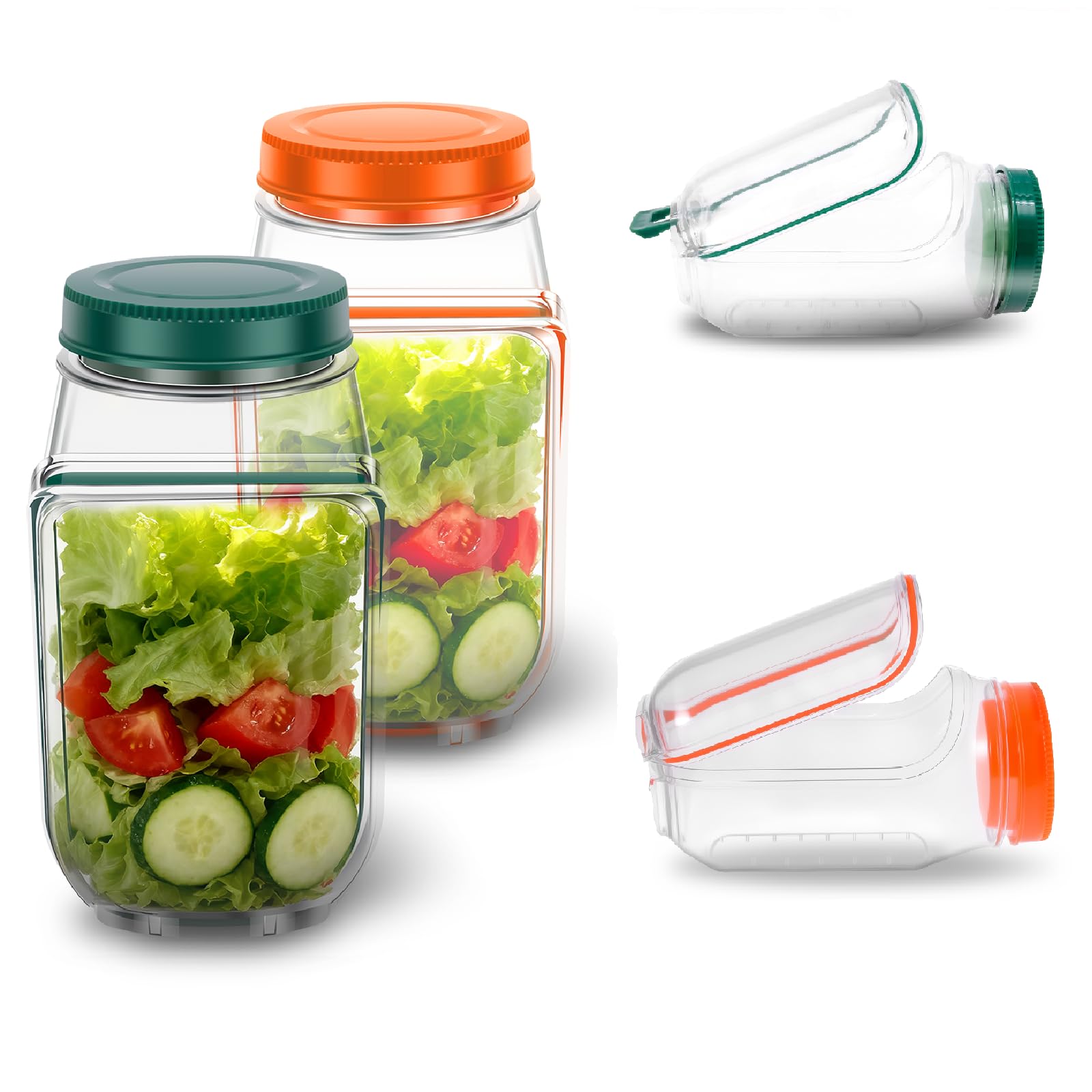 VAVPUP Original Salad Pod - 700ML Side Open Design with Leakproof Dressing Container,Microwave/Dishwasher/Freezer Safe for Meal Prep & Travel,Ideal for Home,Outdoor & Party Use (2pcs-Green+Orange)