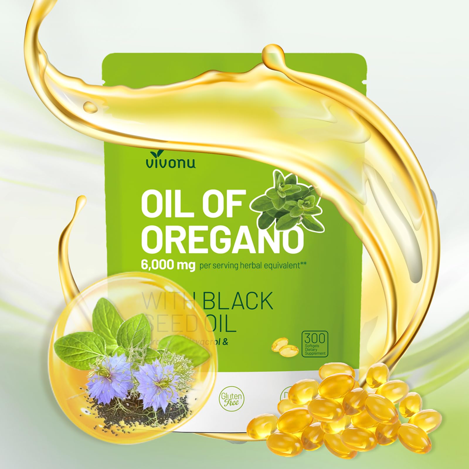 Oil of Oregano with Black Seed Oil, Balanced Oil of Oregano Capsules, Organic OreganoOil Softgels,Carvacrol,Thymoquinone, Non-GMO
