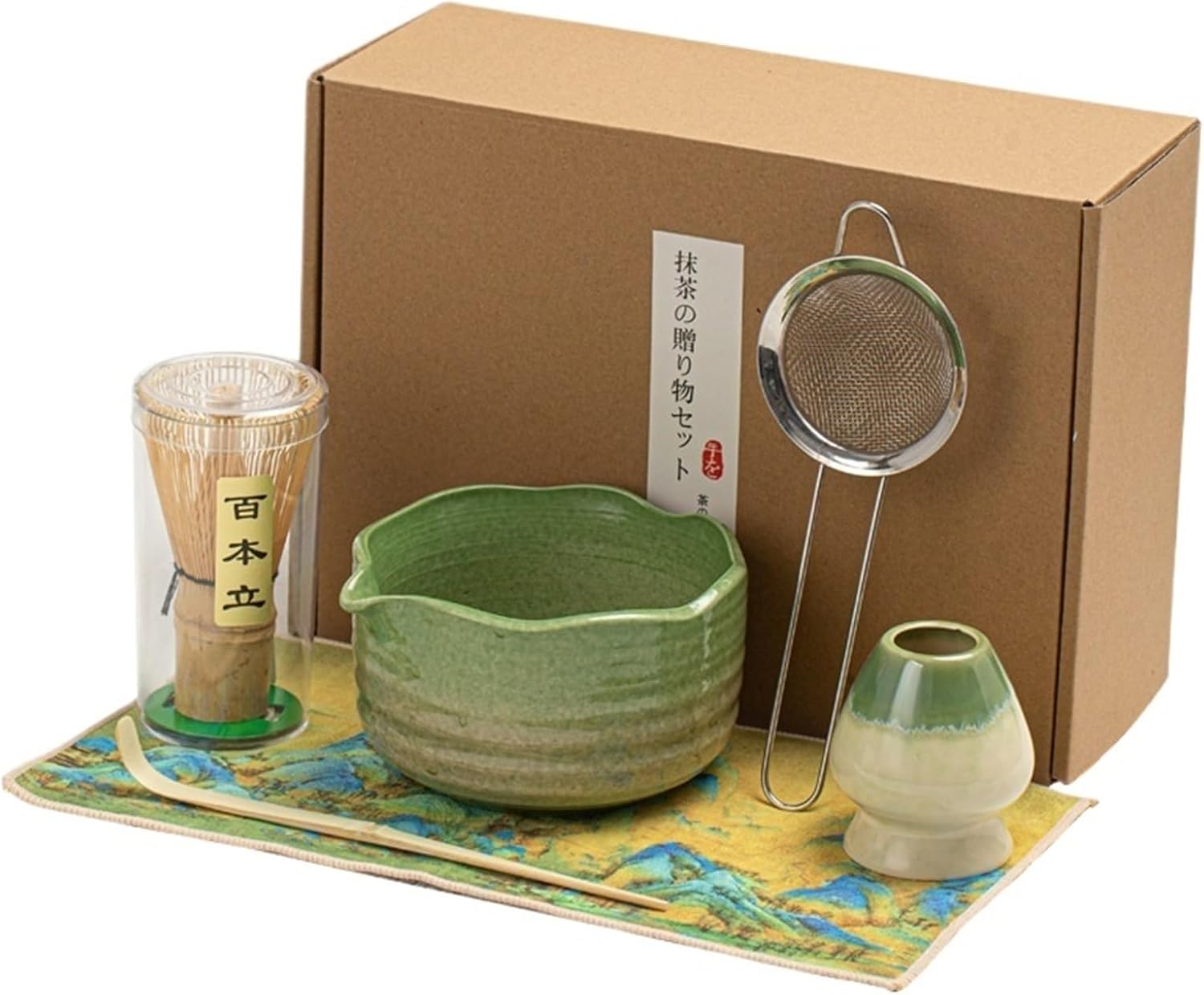 4/6pcs Set Traditional wavy Matcha Gift Set Bamboo Matcha Scoop Ceremic Matcha Bowl Holder Tea Teaware Sets(4PCS DGN)