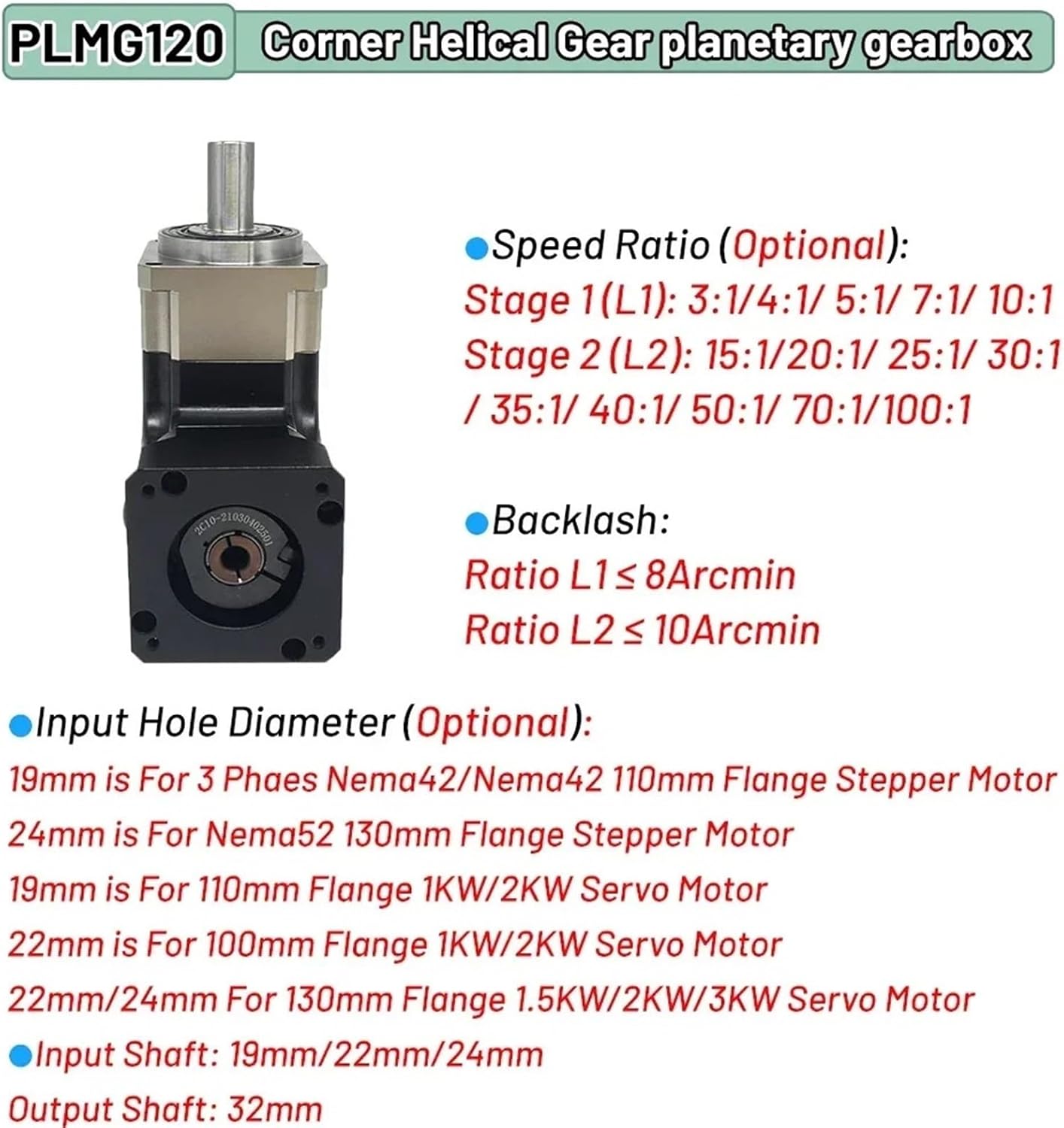 1pcs 90 Degree Helical Planetary Reducer Reduction Gearbox Motor Reducer for 1KW-7.5KW Servo Nema42 Nema52 Stepper Motor(Blue,Speed Ratio 35 to 1)