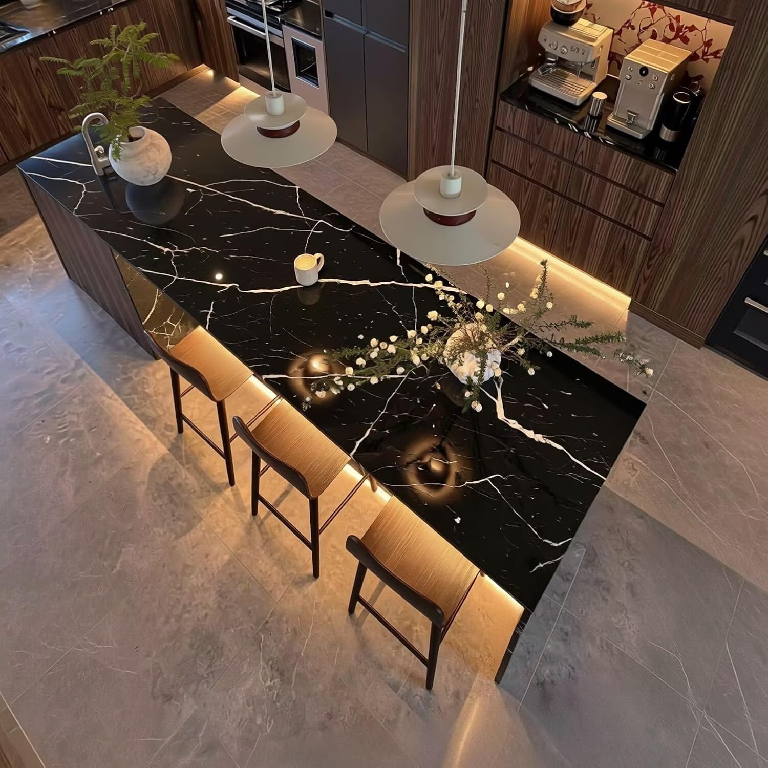 Kitchen Island with Storage - Kitchen Island Table with Slate Top and LED Strip, Luxurious Dinner Table Includes Integrated Power Outlets, Sleek Profile (60IN No Chairs)