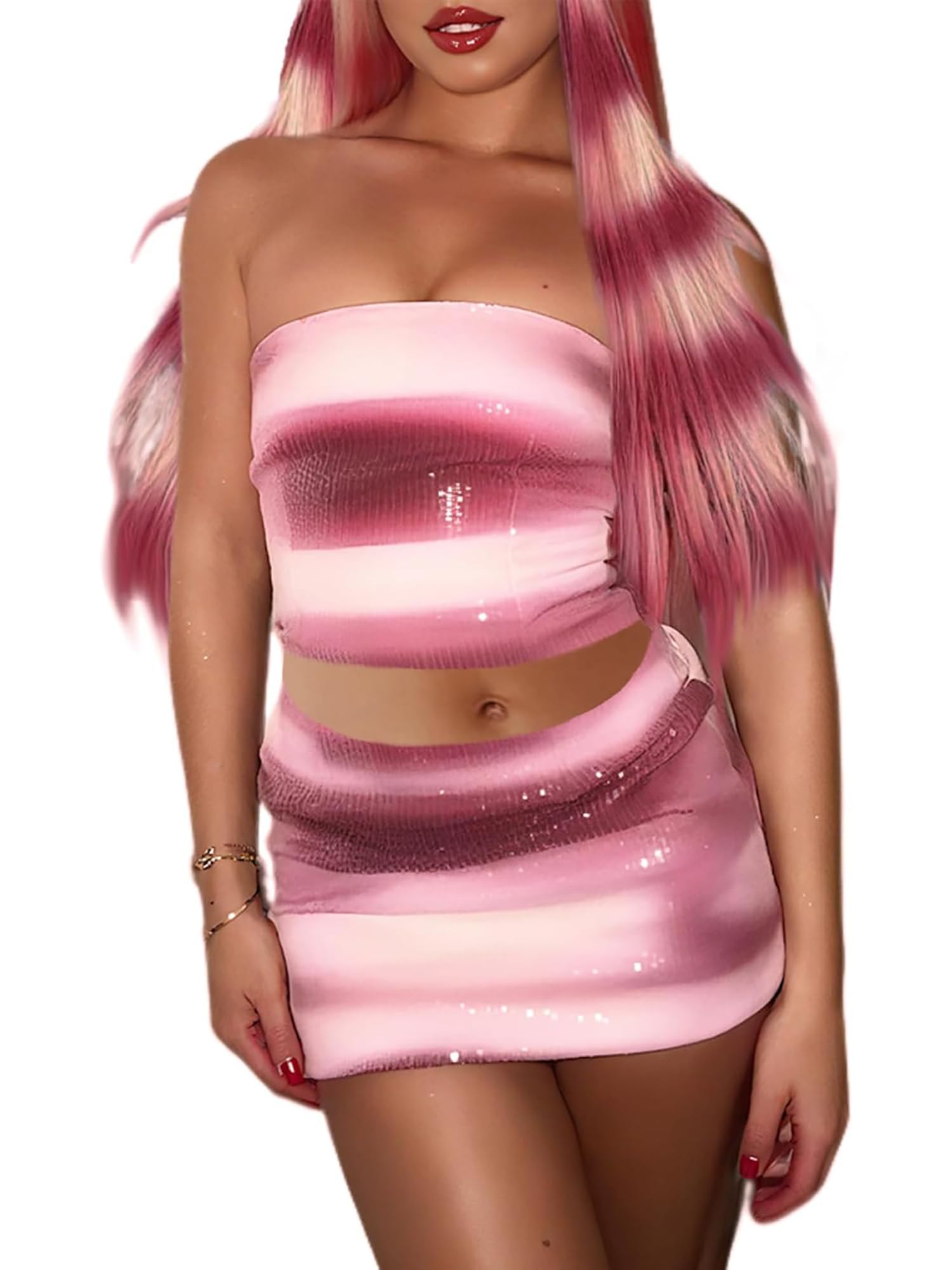 Fiacafyo Women Halloween Shark Tale Lola Costume Dress Strapless Tube Top Side Split Sexy Ruffle Hem Fish Cosplay Maxi Dress (B-Multi-Color, L)