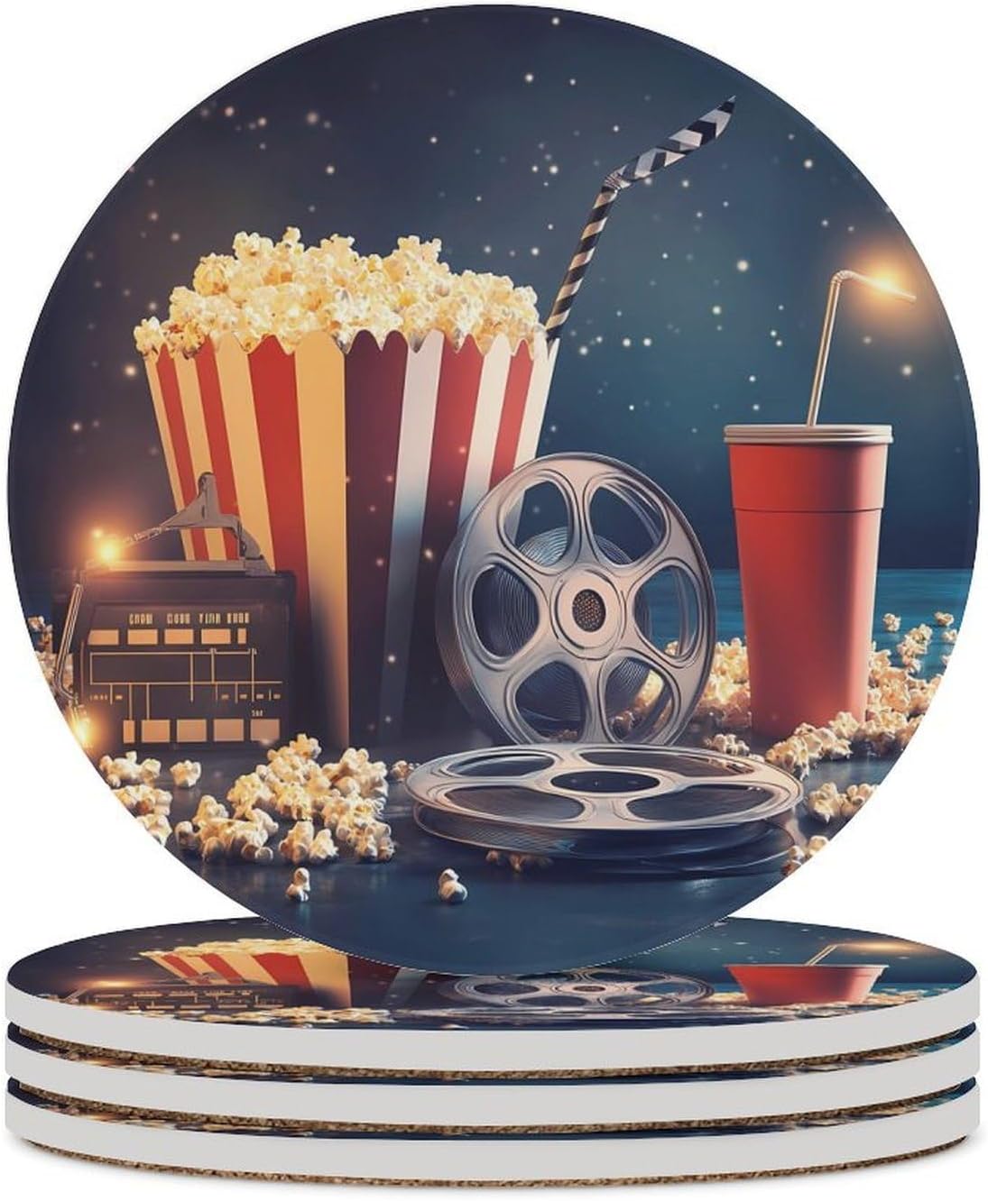 Movie Theater Coasters for Drink Round Ceramic Coaster with Cork Base Home Decorative 4PCS
