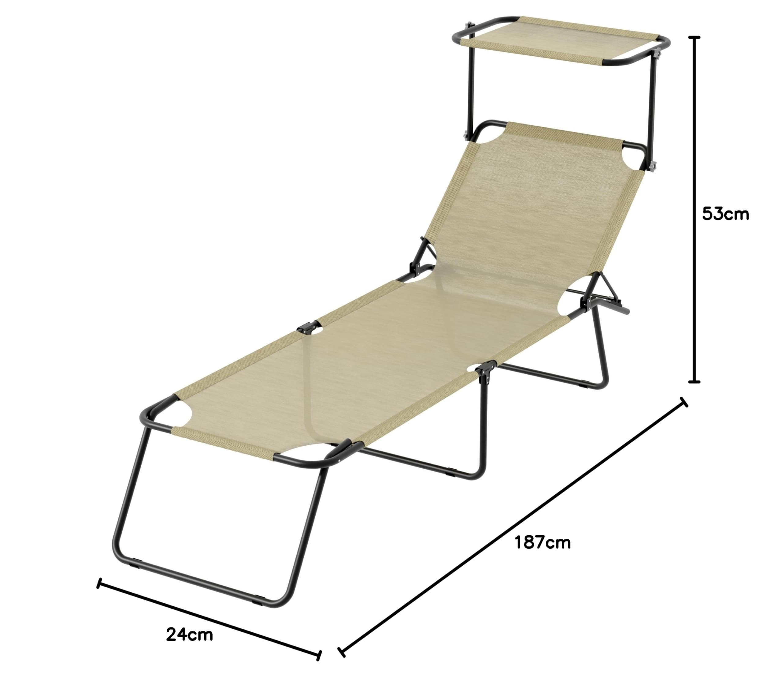 Lettino Pieghevole Con Tettuccio Regolabile Prendisole Parasole Schienale Reclinabile Regolabile Struttura In Metallo Nero Sedia Sdraio Per Spiaggia Mare Giardino Piscina 187 x 53 x 24 Cm (Beige)