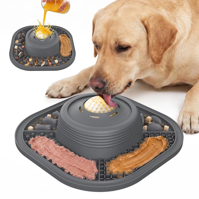 Comedouro lento de silicone para cães com bola rolante e ventosas camrola Cinza
