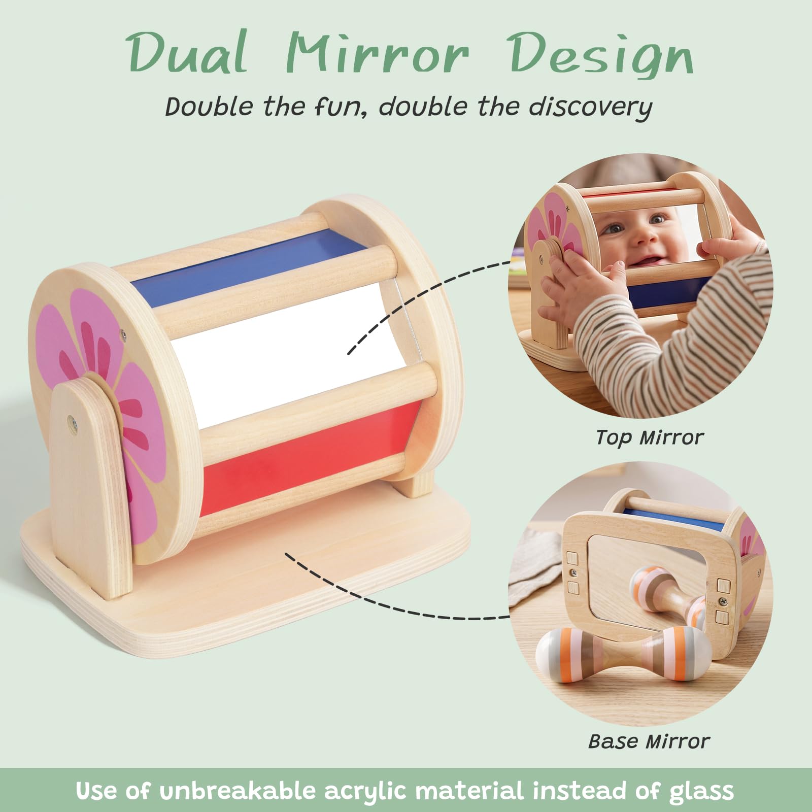 WOODENFUN Tambour Rotatif Arc-en-Ciel Bois Montessori Miroir Musical bébés 6-12 Mois