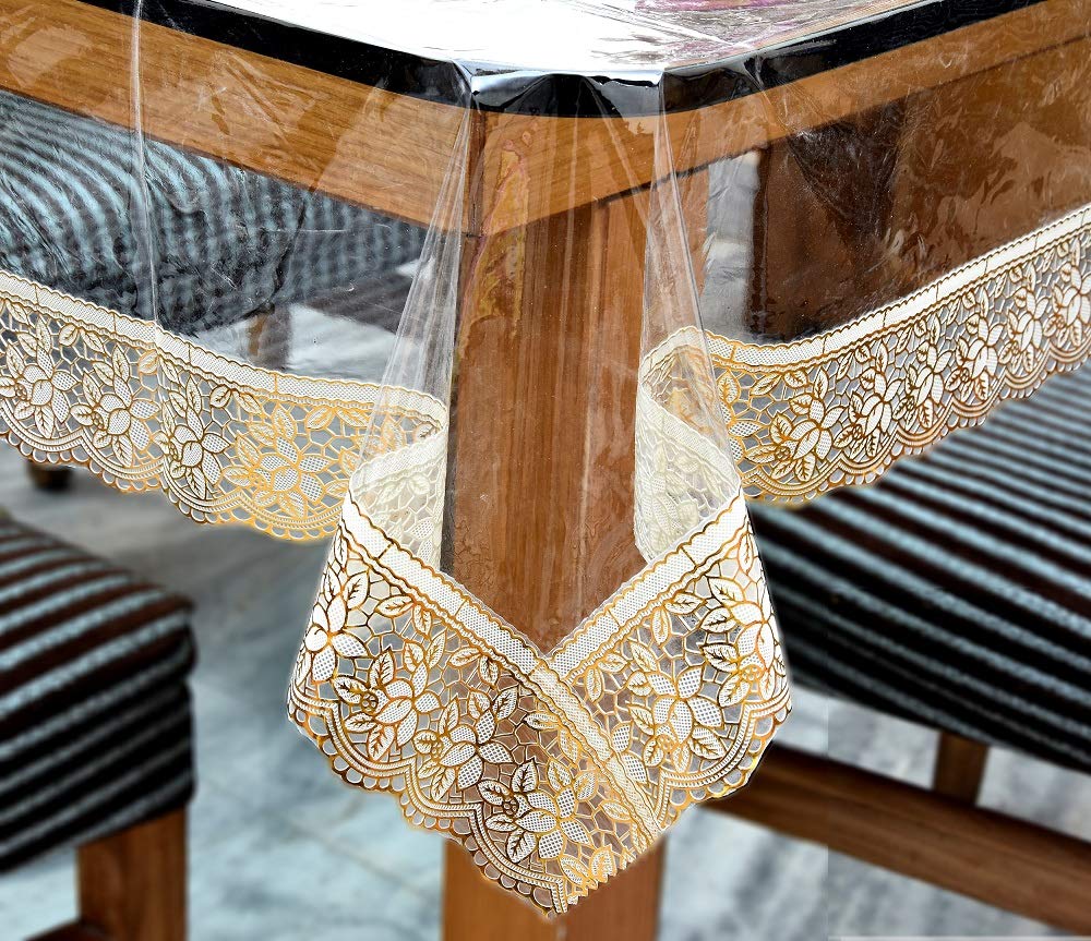 GAURANG PVC 6 Seater Transparent Dining Table Cover with Golden Lace Dinning Table Mat 6 Seater Glass Dinner Set Transparent Table Cover Sheet Plastic Table Covering for Glass 2