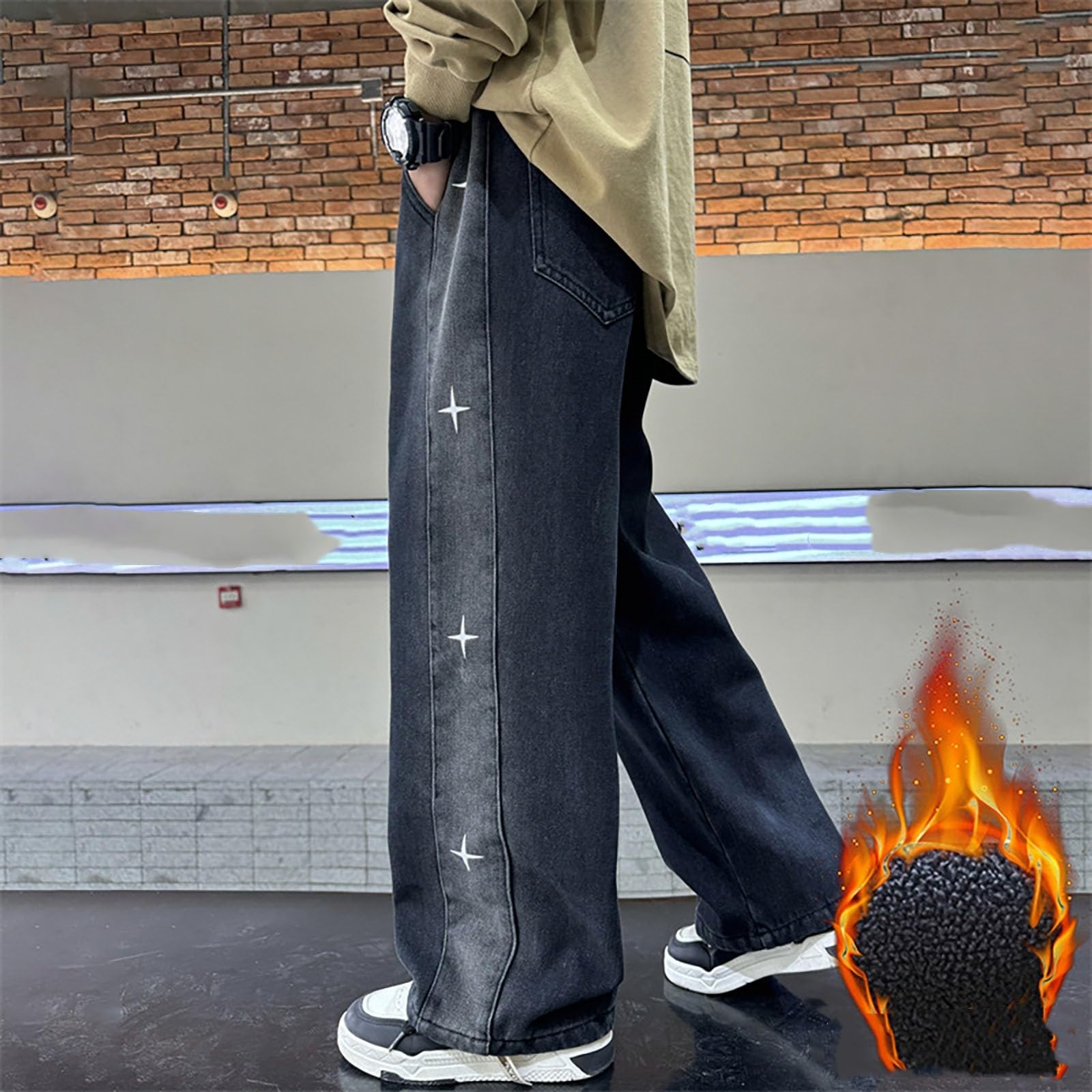 Vaqueros Baggy Niño, Pantalones Vaqueros de Invierno con Forro Polar para Niños Cálidos Informales Corte Holgado Pierna Recta Interiores Duraderos