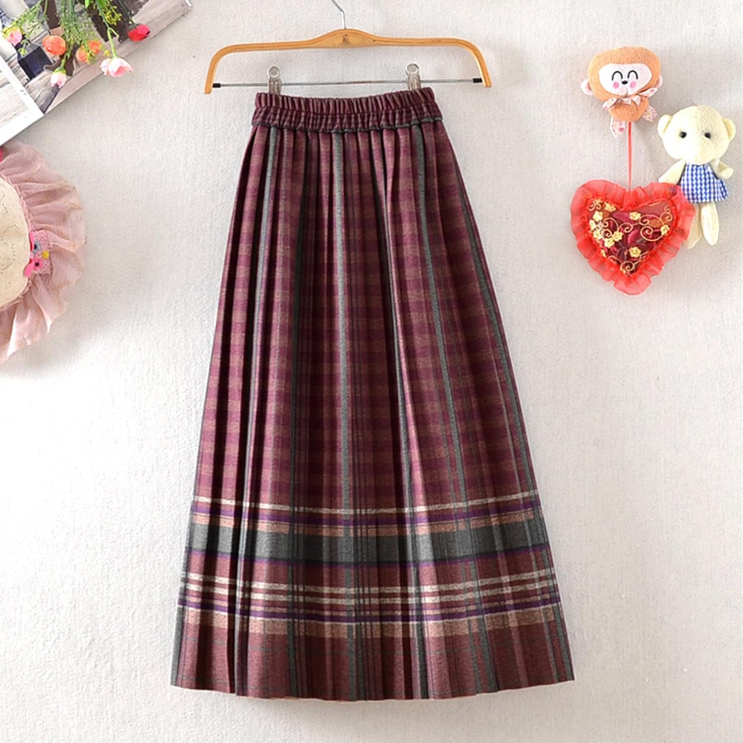 Women's Long Plaid Wool Skirt Fall Winter High Waist A-line Pleated Wool Tartan Skirts Loose Fit Casual Skirts
