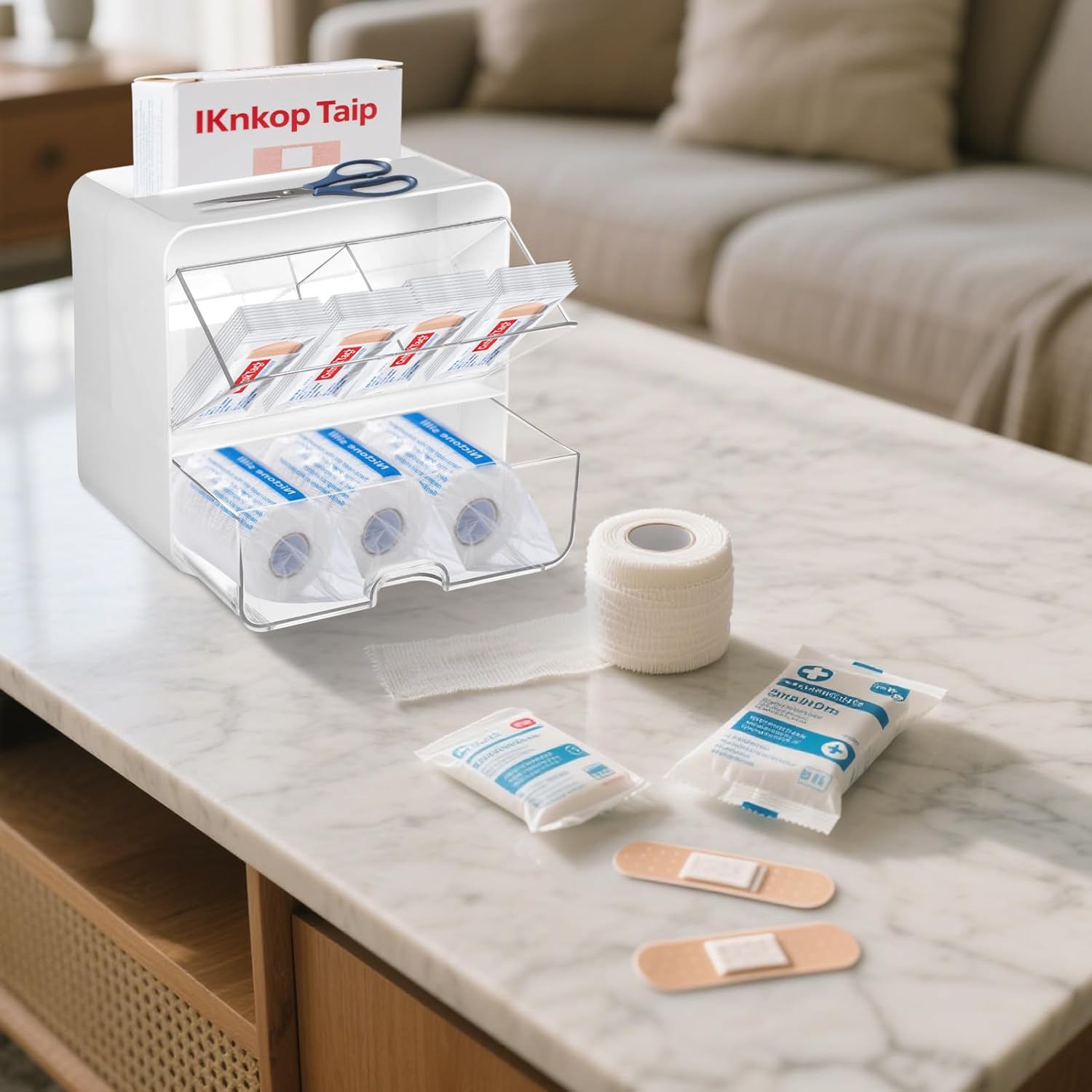 YEXEXINM 2 PCS Bandages Storage Organizer for Wall Large Bandage Organizer with Lid 3-Compartment Plastic Bandaid Storage Container for Home Medicine Cabinet, Elastic Bandage Wrap, Cotton Swab