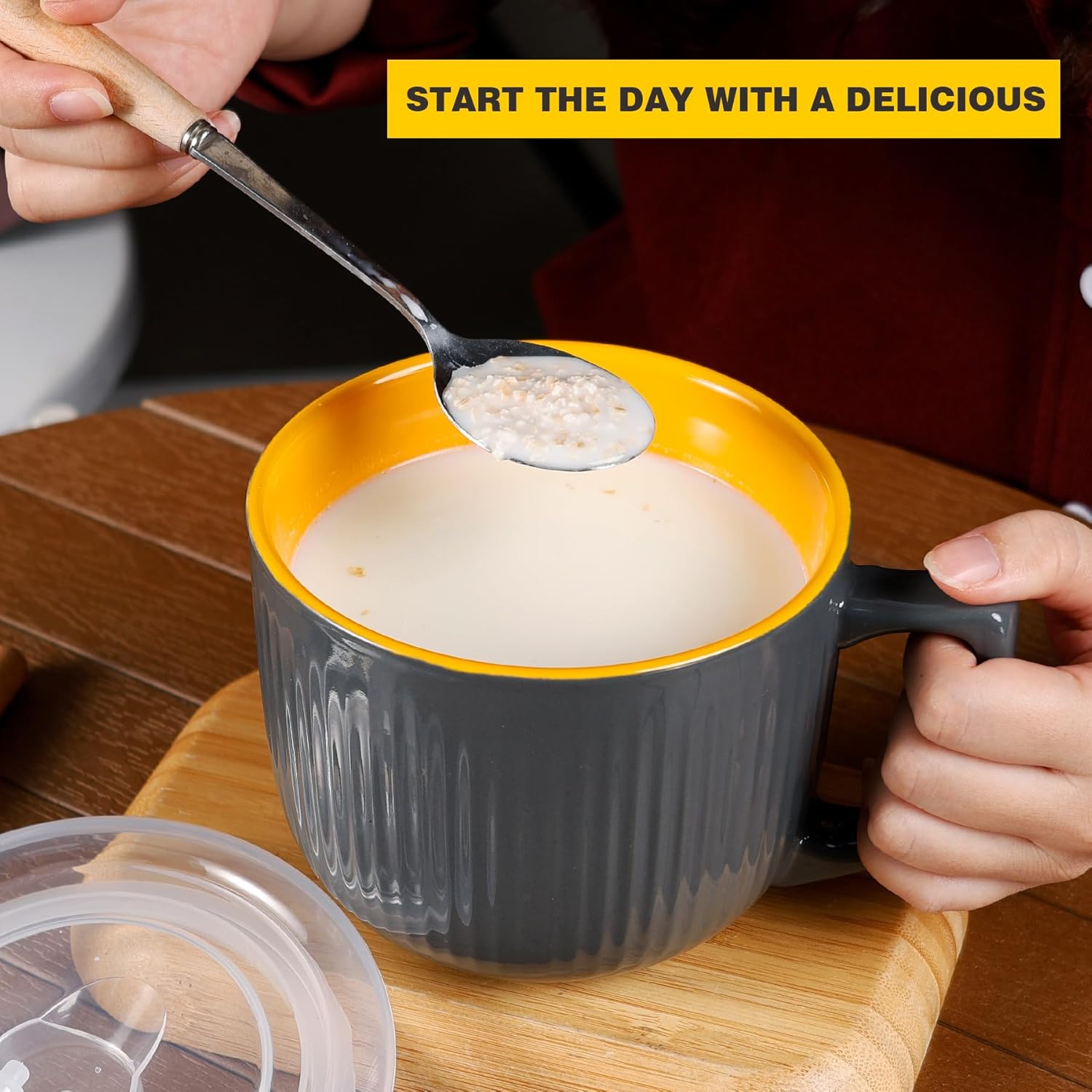 Ceramic Soup Bowls with Vented Lid, 32 Ounce Soup Mug with Handle, 2packs 5 inch Jumbo Soup Cups, Wide Large Cereal Bowl for Oatmeal, Gumbo Salad, Microwave Oven Safe (Grey)