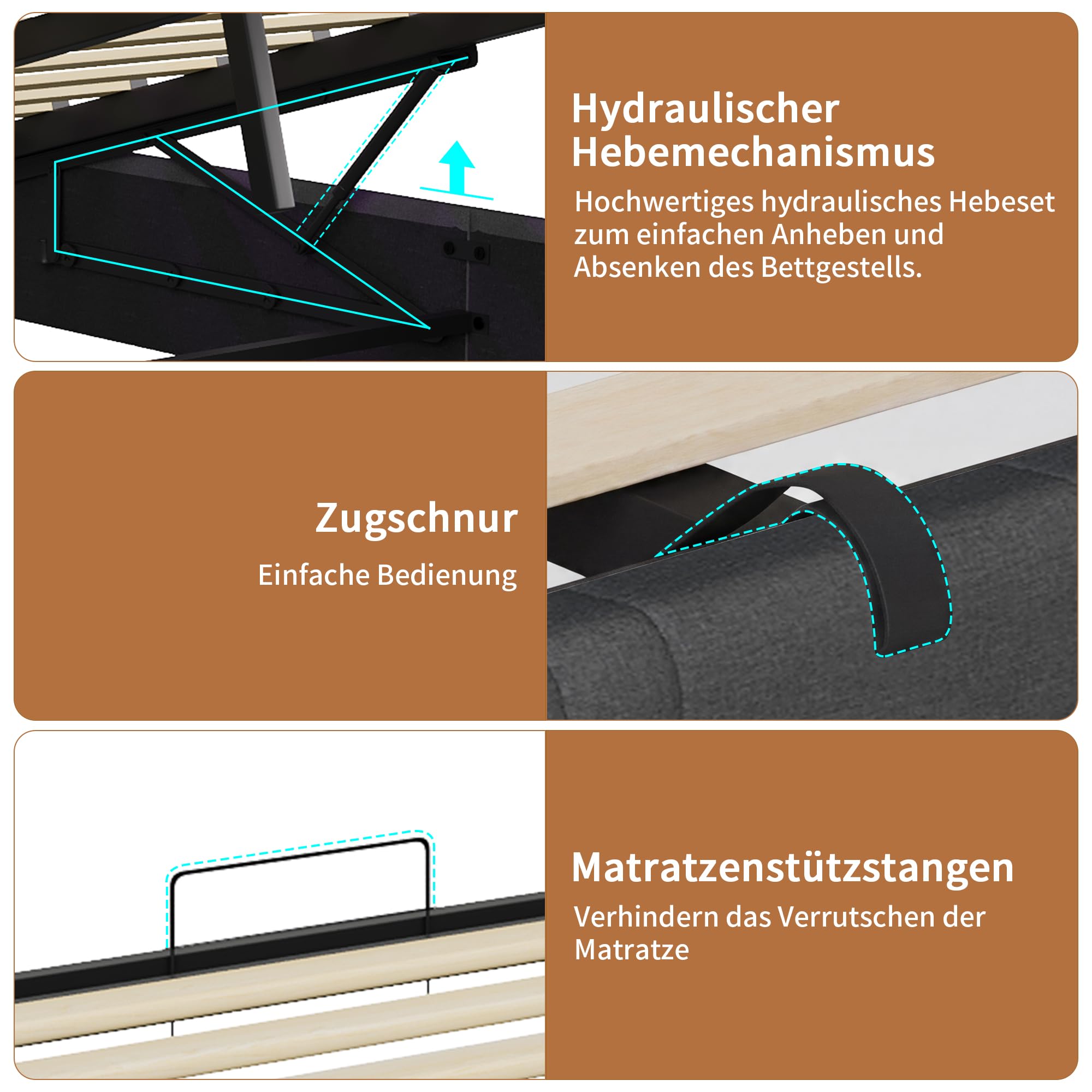 BRILVERDE Łóżko tapicerowane 160 x 200 cm, z miejscem do przechowywania, łóżko młodzieżowe z diodami LED/USB, łóżko podwójne, pudełko do przechowywania, rama łóżka z zagłówkiem i stelażem, lniane