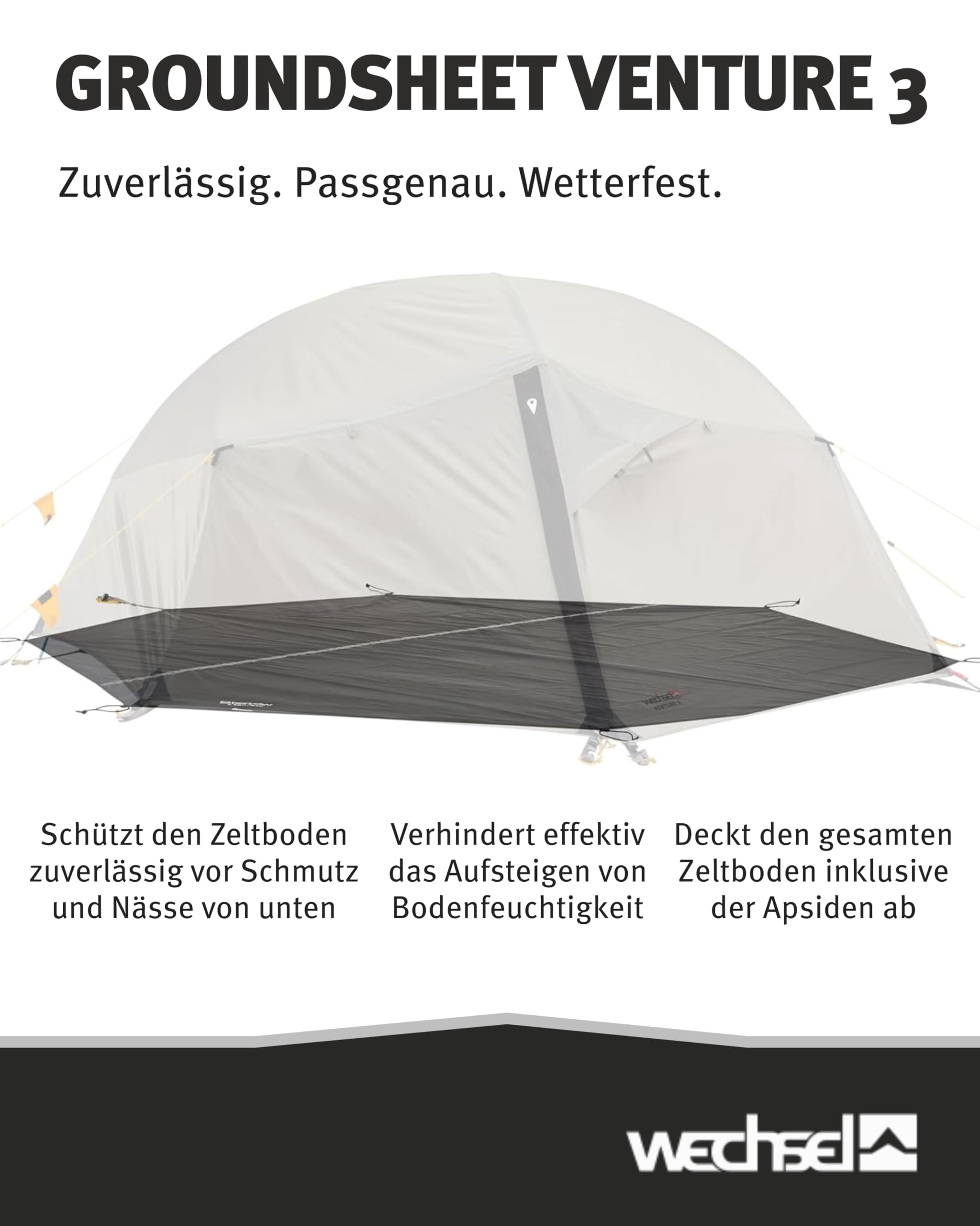 Wechsel Groundsheet Venture 3 I Schwarz I robuste Zelt-Unterlage Boden I Zeltplane wasserdicht mit 7000mm Wassersäule I Bodenplane aus 75D Polyester I Camping-Plane zum Schutz vor Nässe & Schmutz
