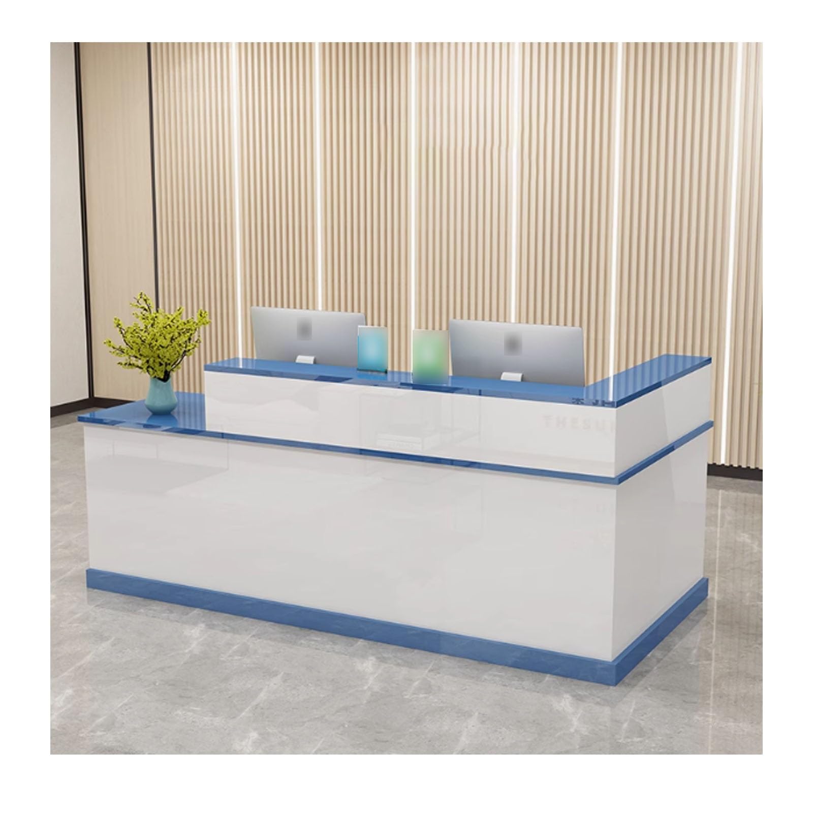 Moderno escritorio de recepción azul con cajones con cerradura, mostrador de oficina abierto de 140 cm para salón y negocios, elegante diseño lateral izquierdo para área de recepción
