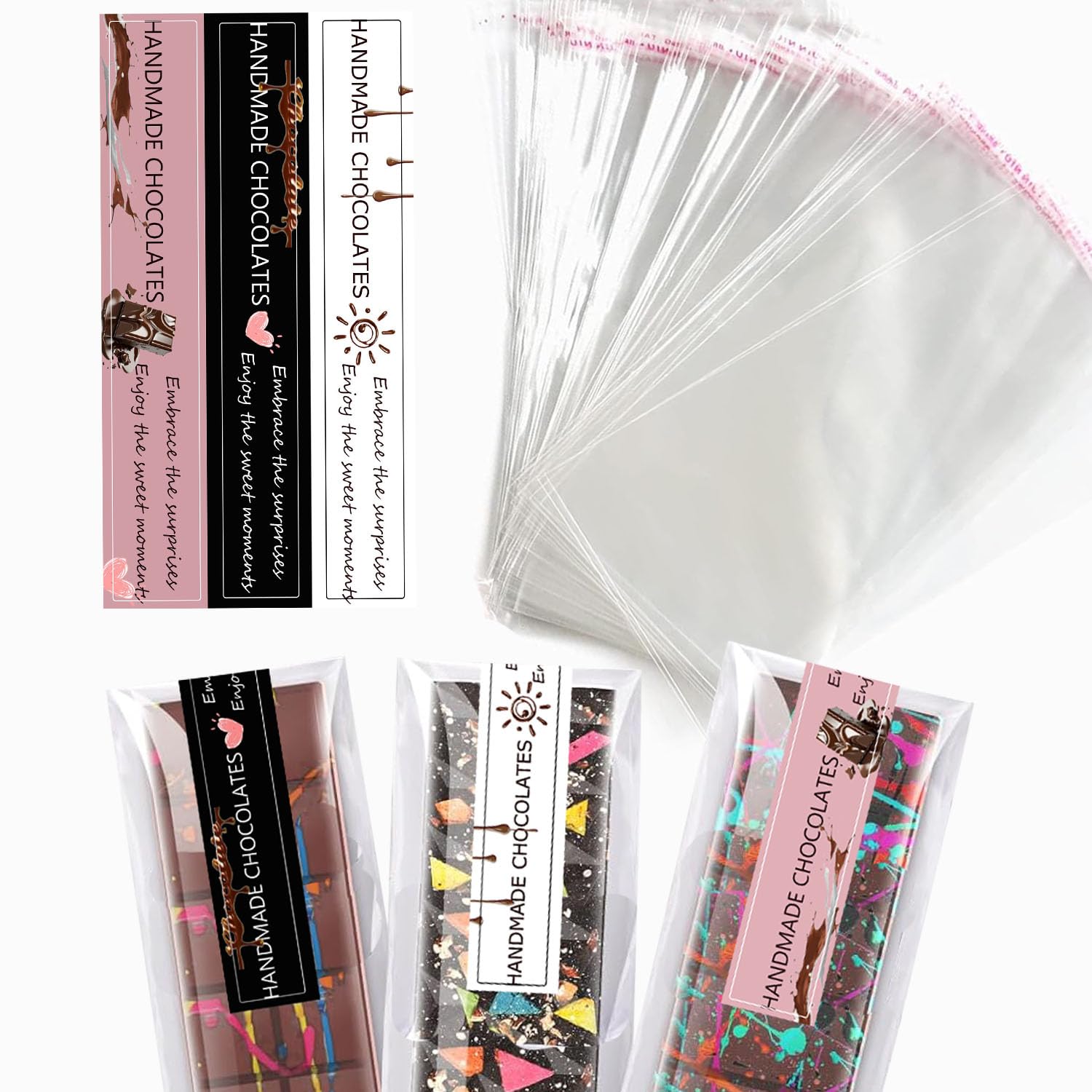 LTGICH 190Pcs Chocolate Bar Packaging Wrappers Stickers Set,100pcs 4"*7.9" Cellophane Clear Self Adhesive Bags and 90pcs Chocolate Stickers for DIY Chocolates Lover Small Batched Custom