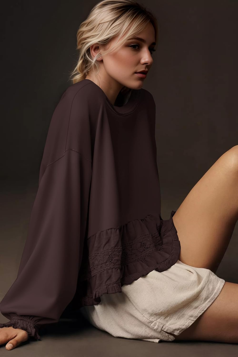 Crew Neck Crop Oversized Sweatshirts For Women Casual Long Puff Sleeve Babydoll Tops Loose Lace Patchwork Peplum Top - Image 3