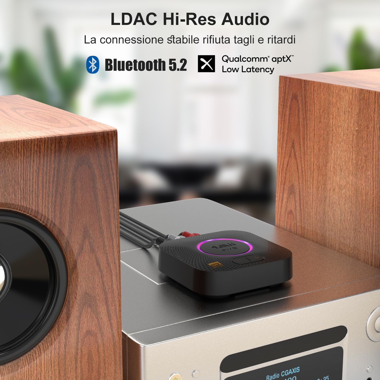 1Mii B06S+ Ricevitore Bluetooth 5.2 HiFi, Hi-Res LDAC Adattatore Audio Bluetooth con Jack AUX 3.5mm e RCA, aptX Bassa Latenza, 100ft Lungo Raggio Ricevitore con Controllo Volume per Home Audio/PC