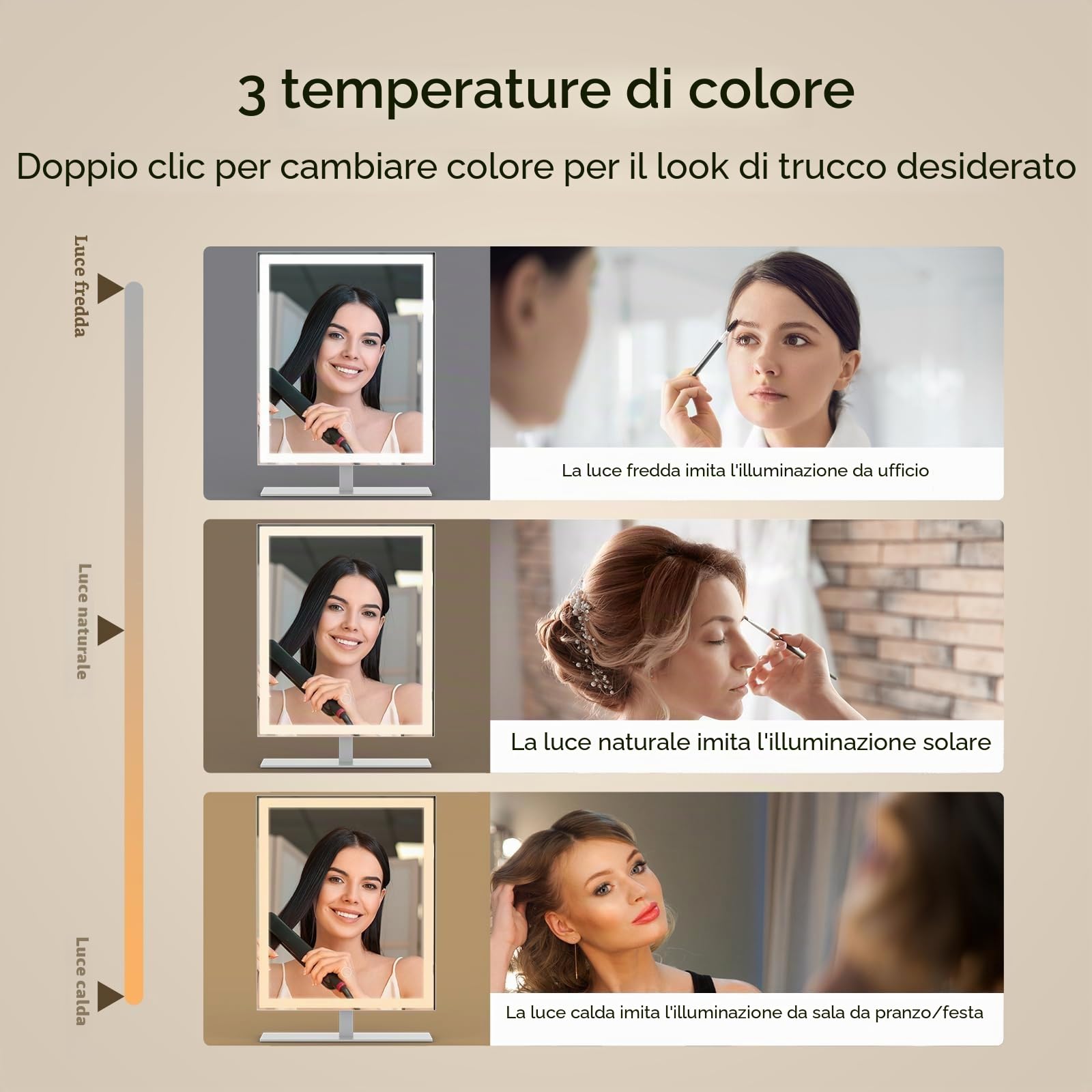 ANTENLICHT Specchio Trucco con Luci, Specchio LED con 3 Modalità Colore, Luce Dimmerabile, Hollywood Specchio per Trucco con Controllo Smart Touch, Regalo per Ragazze Adolescenti (Bianco)