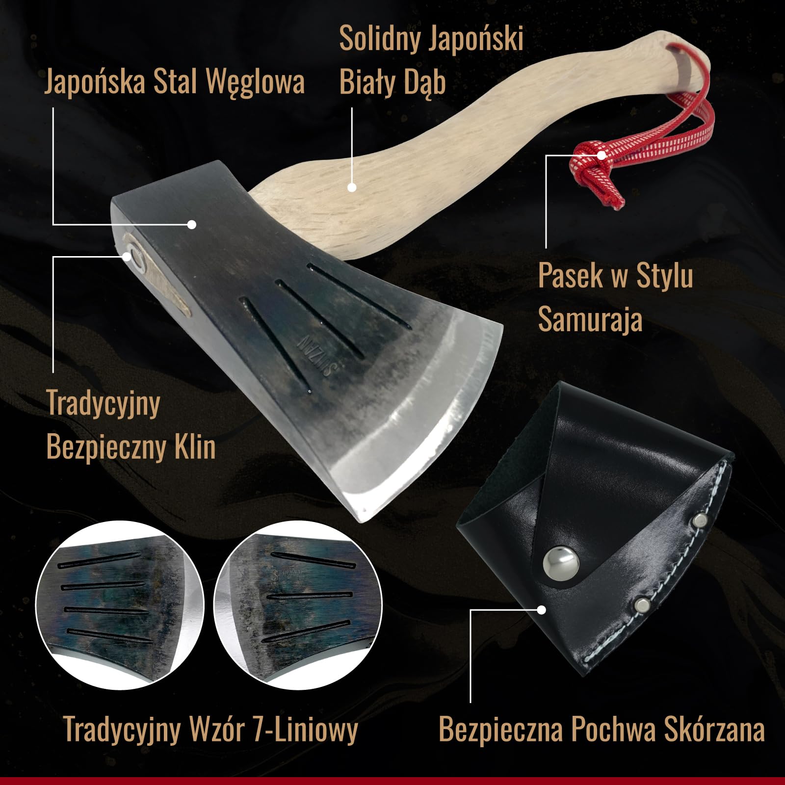 SUIZAN Japoński Toporek 360mm - Mała Siekiera Kuta do Campingu, Bushcraftu, Stolarstwa i Rzeźbienia - Ze Skórzaną Pochwą i Sznurkiem Sanada-himo