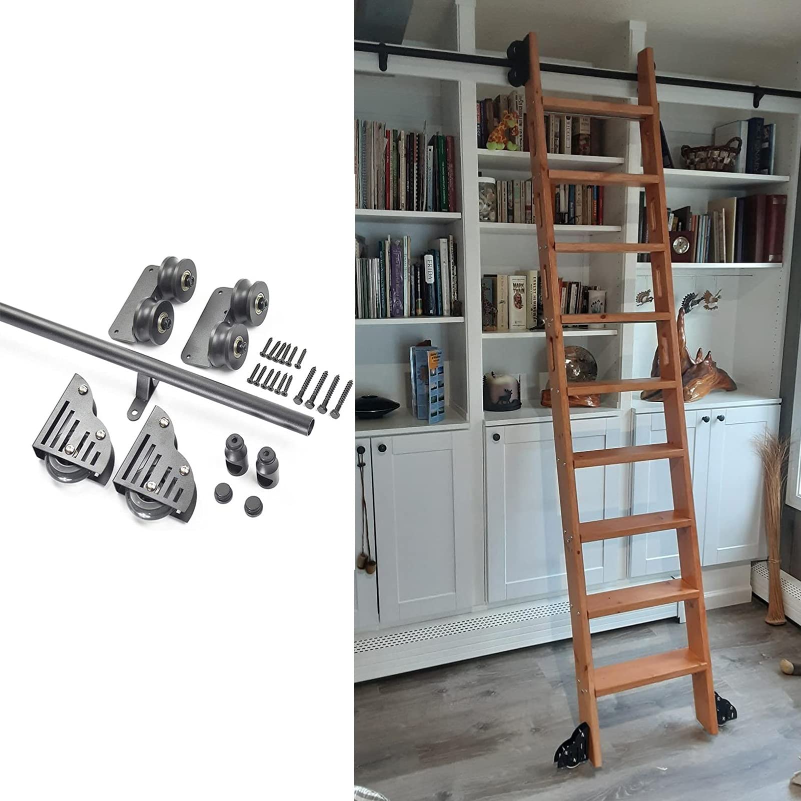 Riel de escalera móvil rústico negro de 13 pies para solucionar accesos en loft