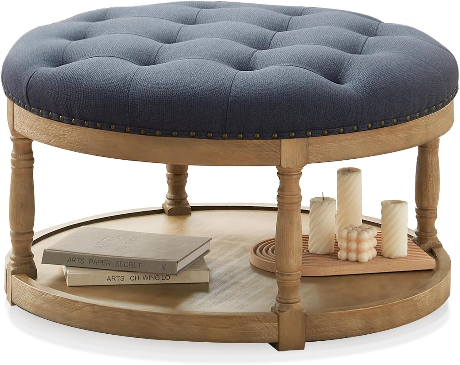 33" Large Round Ottoman Coffee Table with Storage, Upholstered Button Tufted Linen Footrest Ottoman with Wood Storage Shelf Farmhouse, for Living Room, 350 LBS, Haze Blue