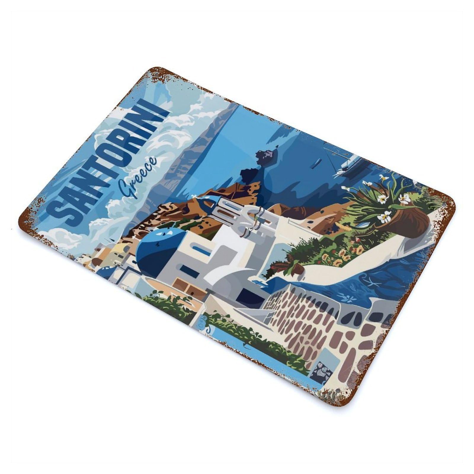 Santorini Greece Decorative Tin Sign 11.8"x7.9", Retro Wall Decor for Basement, Hobby Room And Garage Decor