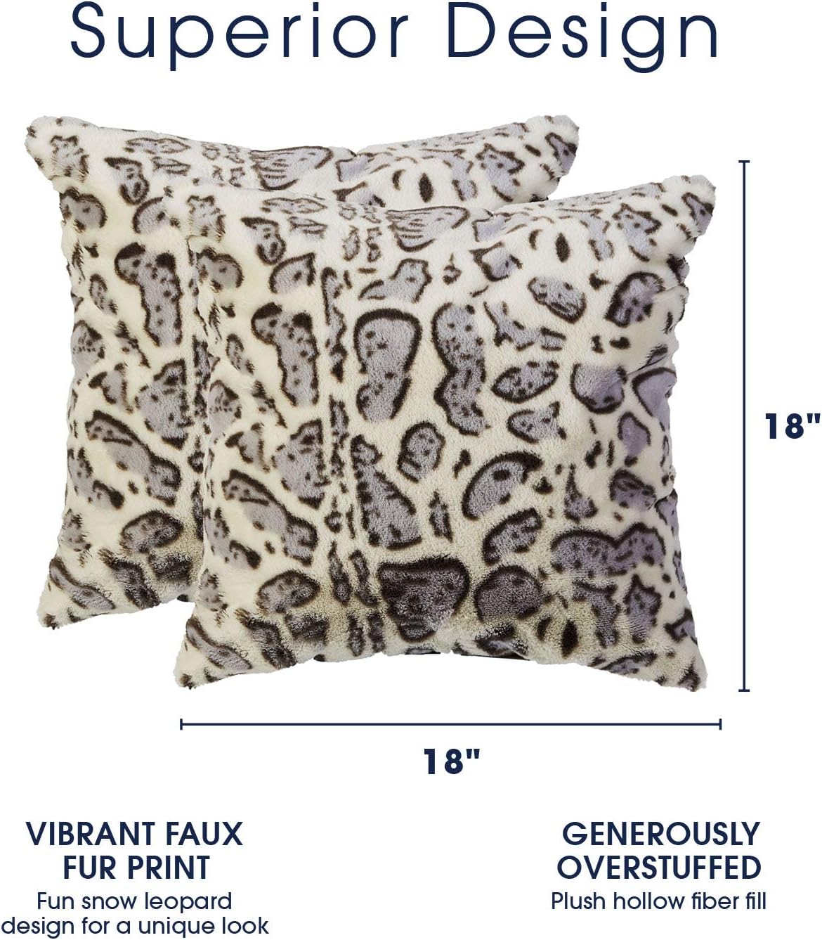 Cheer Collection Set of 2 Snow Leopard Print Throw Pillows - Soft Velvety Faux Fur Decorative Couch Pillows, 18" x 18"
