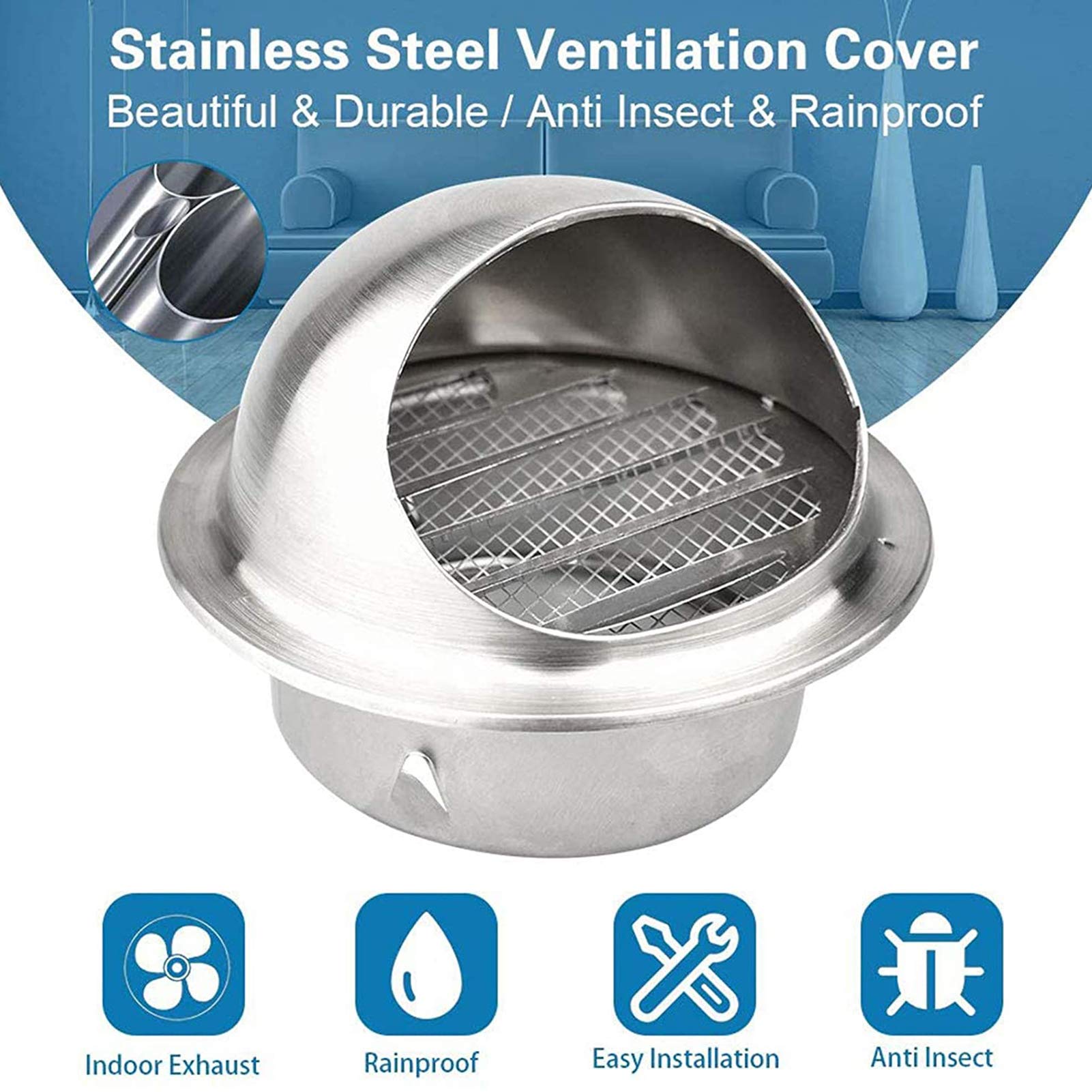 Redondo Acero Inoxidable Chimenea Cobertura Estufa Tapa Rejilla de Ventilación de Aire Cubierta Pared Insecto Pájaro Guardia para Oficina Cocina Baño Ventilación,80mm