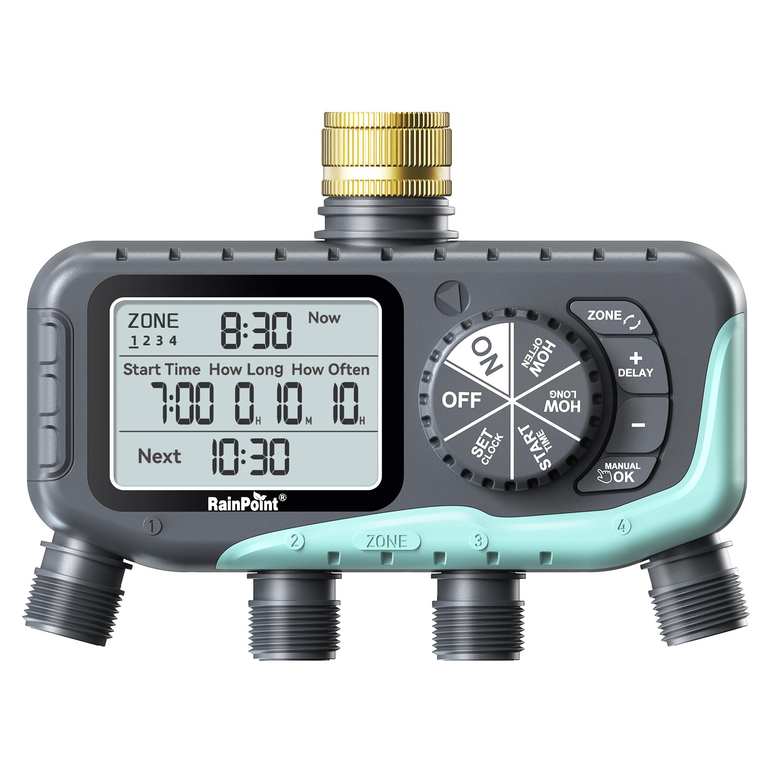 RAINPOINT Bewässerungscomputer 4 Ausgänge, Messingeinlass, IP65 Wasserdicht Wasserzeitschaltuhr mit Regenverzögerung/Manueller Bewässerung, Automatische Bewässerung für Rasen und Garten