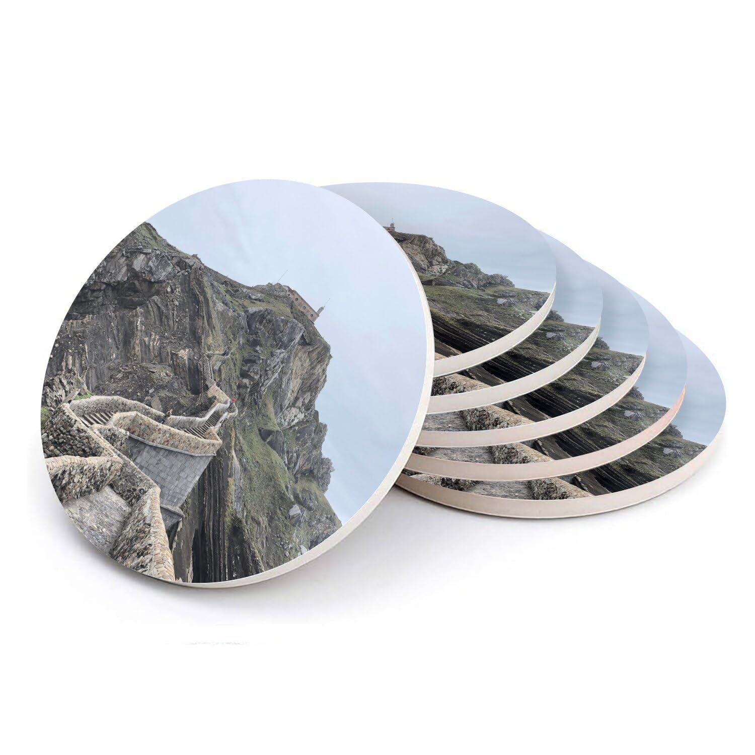 Sous-verre ronds en céramique San Juan de Gaztelugatxe Pays Basque lot de 6 pièces