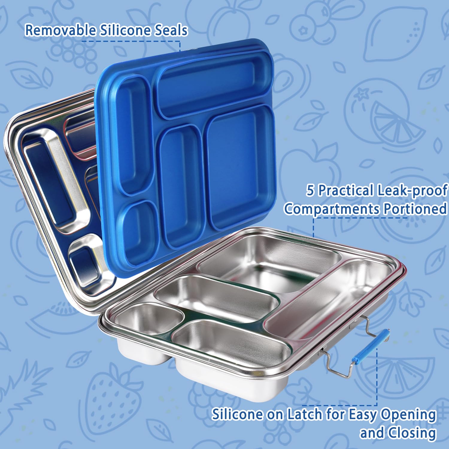 LCHLZZ Bento Box in acciaio inox, 5 scomparti con 2 contenitori bonus, a prova di perdite e senza BPA, contenitori per il pranzo in acciaio inox 304, per ufficio, viaggi, lavabili in lavastoviglie
