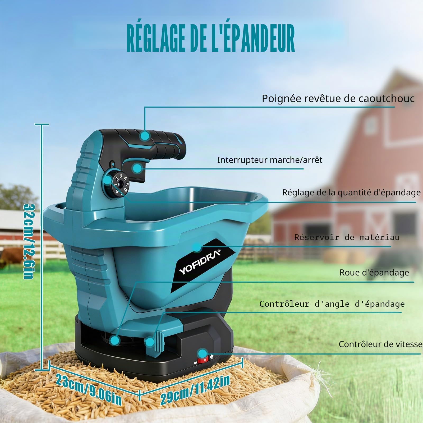 Yofidra Épandeur d'Engrais sans Fil - Épandeur Gazon avec 2 Batteries de 2,0 Ah, Épandeur Gazon, Capacité 3,3 L, 6 Vitesses, 8 Niveaux d'Épandage, Largeur 5 m, Couverture 800 m²