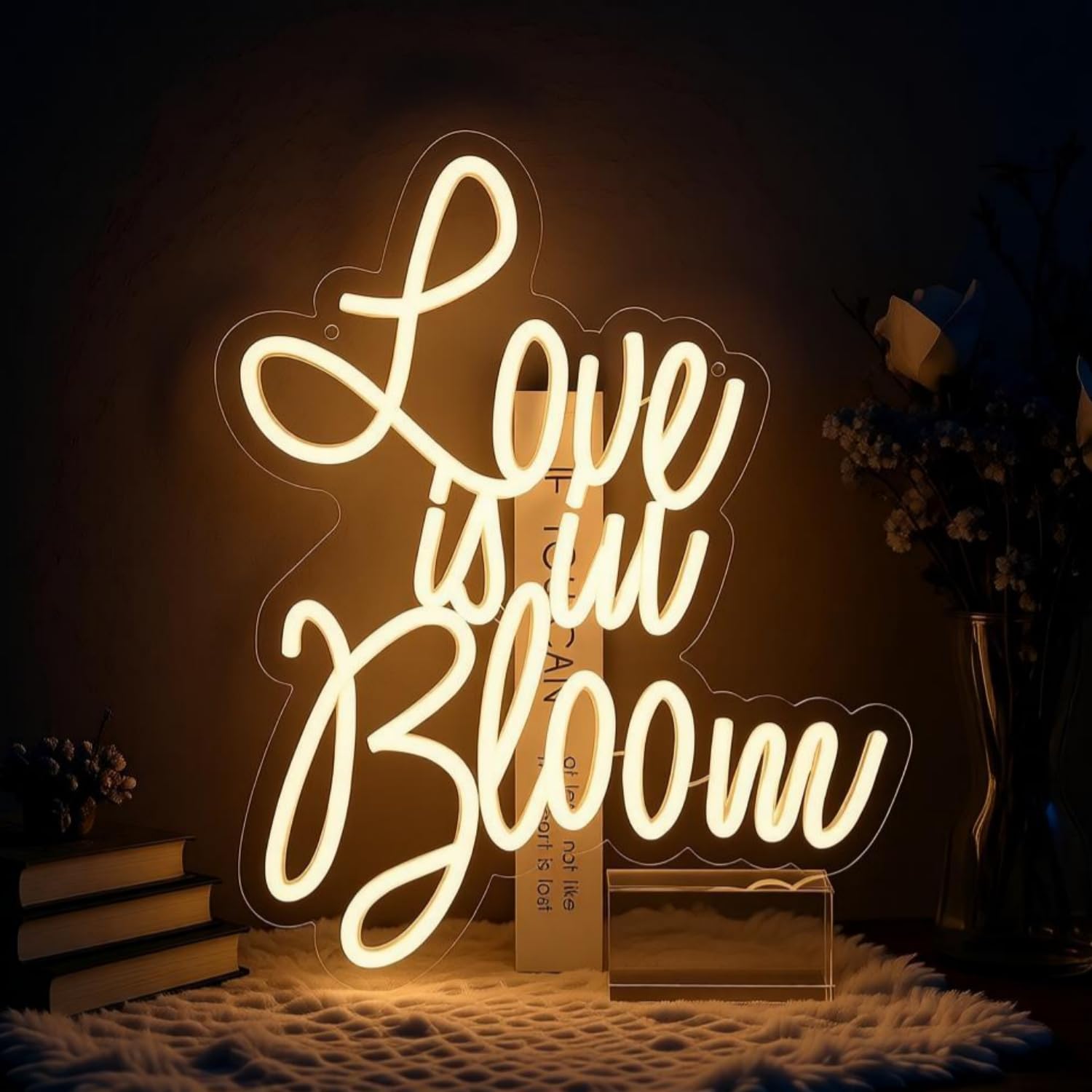 Love is in Bloom Neon Sign for Wall Decor Warm White LED Light Sign for Room Dimmable USB Powered Light Up Sign for Wedding Marriage Engagement Anniversary Decoration Birthday Party Women Men Gift