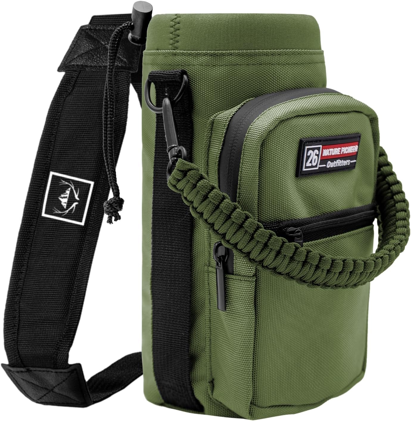 Water Bottle Holder with Adjustable Strap - 26/32/36/40/46/64oz Insulated Water Bottle Sling Carrier with Paracord Handle & 2 Pockets, Outdoor Sports, Hiking, Camping, Gym