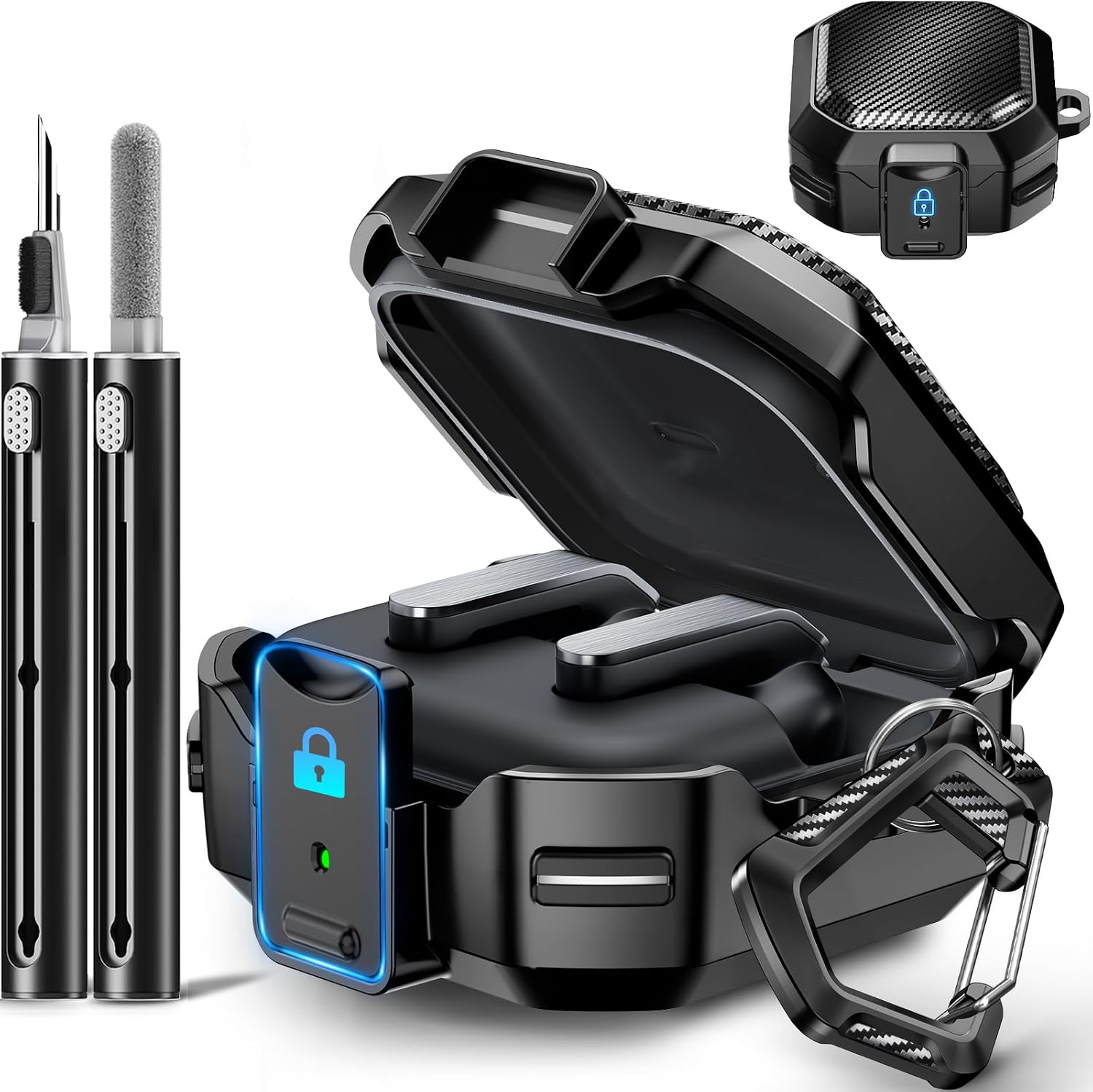 for Samsung Galaxy Buds 4 Pro/Buds 4 Case 2026 with Safty Lock-Black | Carbon Fiber Cover for Men Women, Support Wireless Charging,with Keychain & Cleaner Kit,Two-Piece Design